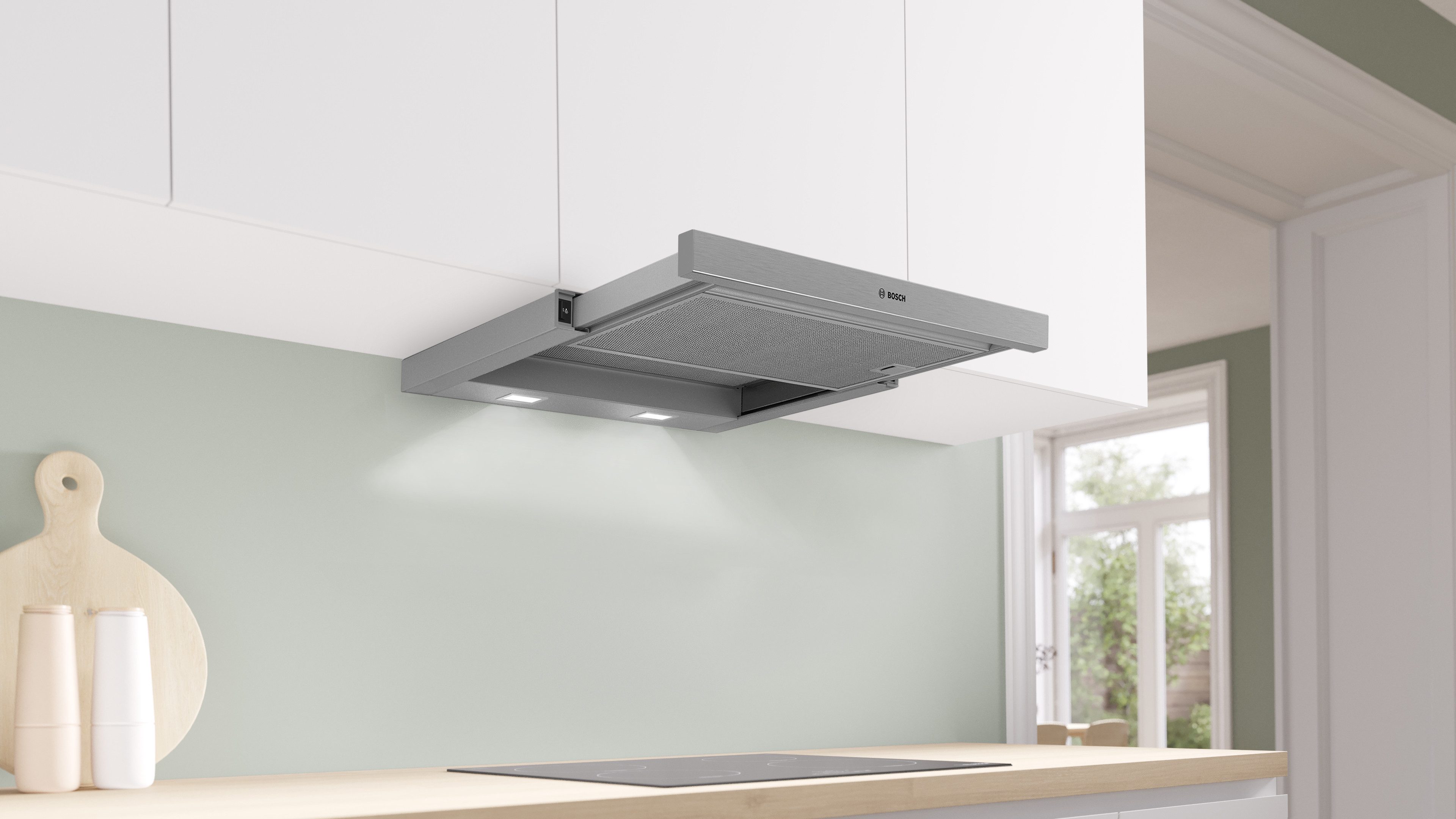 BOSCH Flachschirmhaube DFL064W54 Serie Serie 2 DFL064W54, Helle LED-Kochfeldbeleuchtung & pflegeleichte Metall-Fettfilter