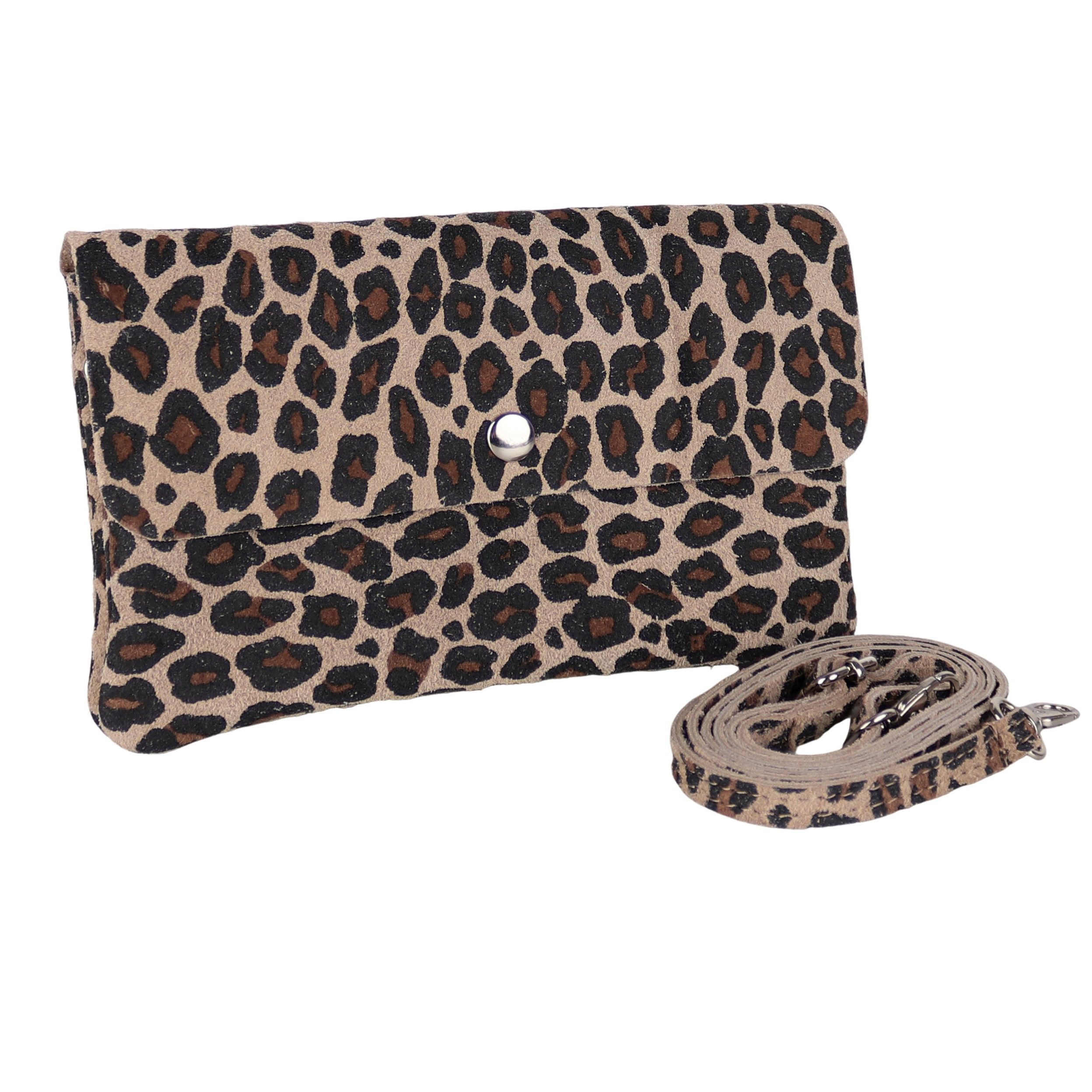 MIRROSI Clutch Damen, Crossbody Bag, Echtleder made in Italy ca.20x12x2cm, Umhängetasche, Schultertasche für jeden Anlass Leopard Leo Muster