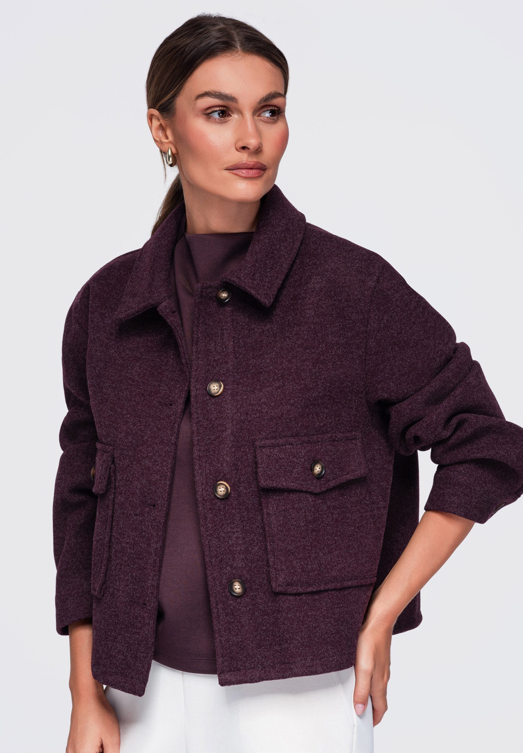 OMBRE Hemdjacke Damen Jacke mit klassischem Kragen im Casual-Stil Bordeaux M (kein Set, 1-St) in Unifarbe