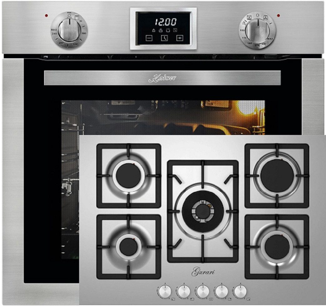 Kaiser Küchengeräte Backofen-Set Herd Set Autark Einbau Gasbackofen Autark, 79L, Grill, Drehspieß, 60 cm mit GURARI Gas-Kochfeld 75 cm, Edelstahl, 4,0 KW WOK EG 6372+GCH FQ755VTGC, mit 1-fach-Teleskopauszug