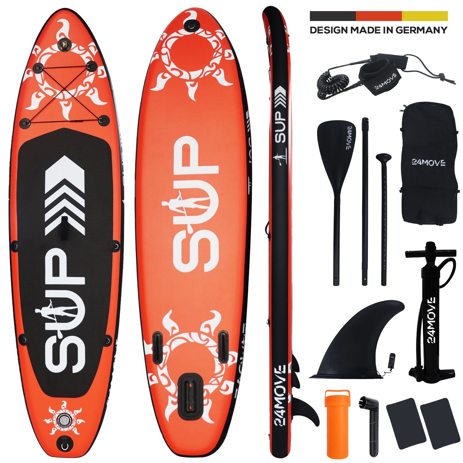 24Move SUP-Board Supboard Set, Premium Stand Up Paddleboard aufblasbar, inkl. Zubehör, Longboard, (Rucksack, Paddel, Action Cam ready, Doppelhub Pumpe, Sicherungsleine, 6 tlg., für Kinder & Erwachsene, ROT, 305x76, bis 150 kg), mit Drop Stich Technologie und Anti-Rutsch Oberfläche