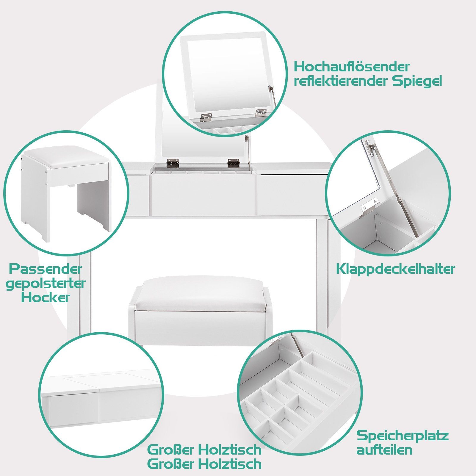 Hocker), Fächern Klappspiegel, Schminktisch Schubladen COSTWAY & mit (mit