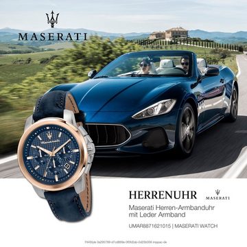 MASERATI Chronograph Maserati Herren Uhr Chronograph, Herrenuhr rund, groß (ca. 44mm) Lederarmband, Made-In Italy