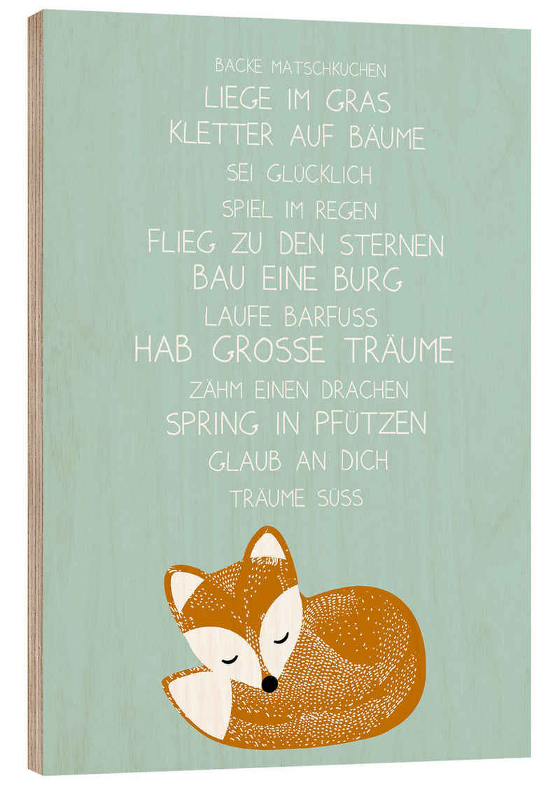 Posterlounge Holzbild GreenNest, Hab große Träume mit Fuchs, Babyzimmer Kindermotive