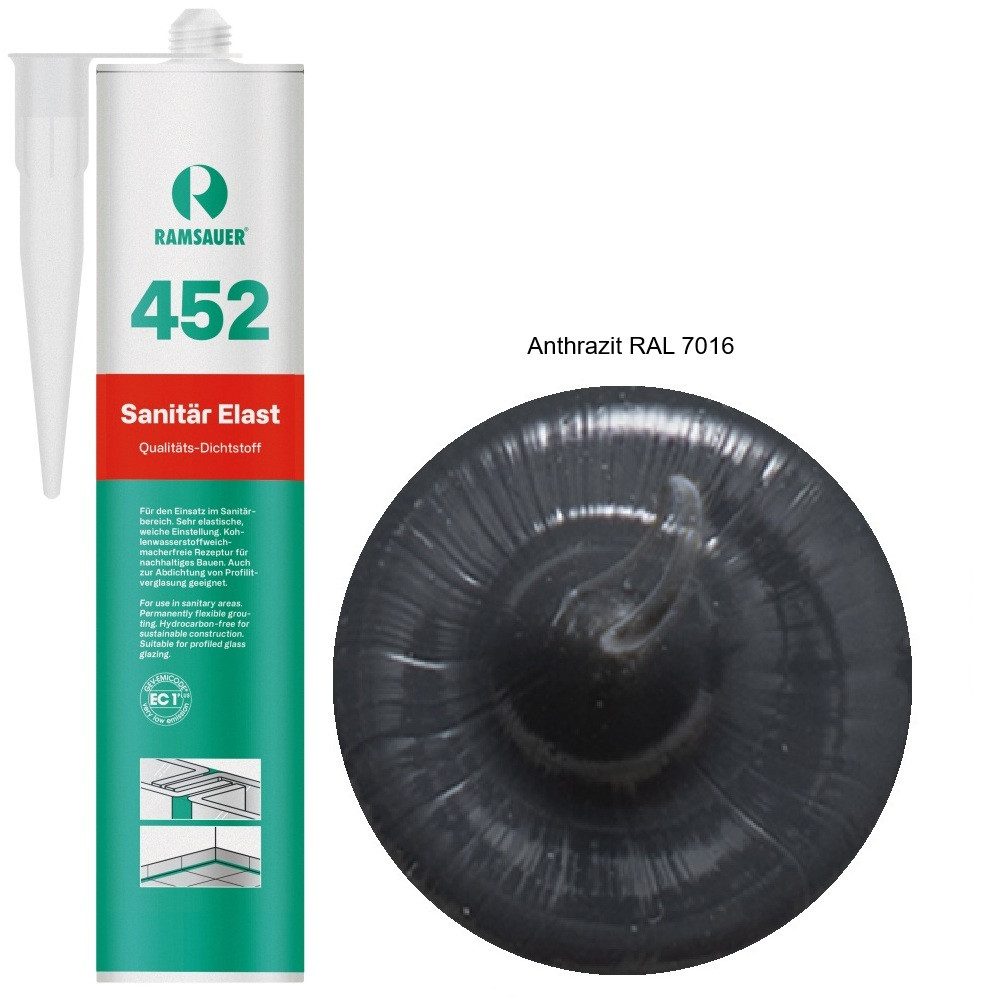 Ramsauer Dichtstoff Ramsauer 452 Sanitär Elast Silikon 310ml Kartusche Anthrazit RAL 7016, gebrauchsfertig, Gute Haftung auf glatten Oberflächen, Innen und Aussen