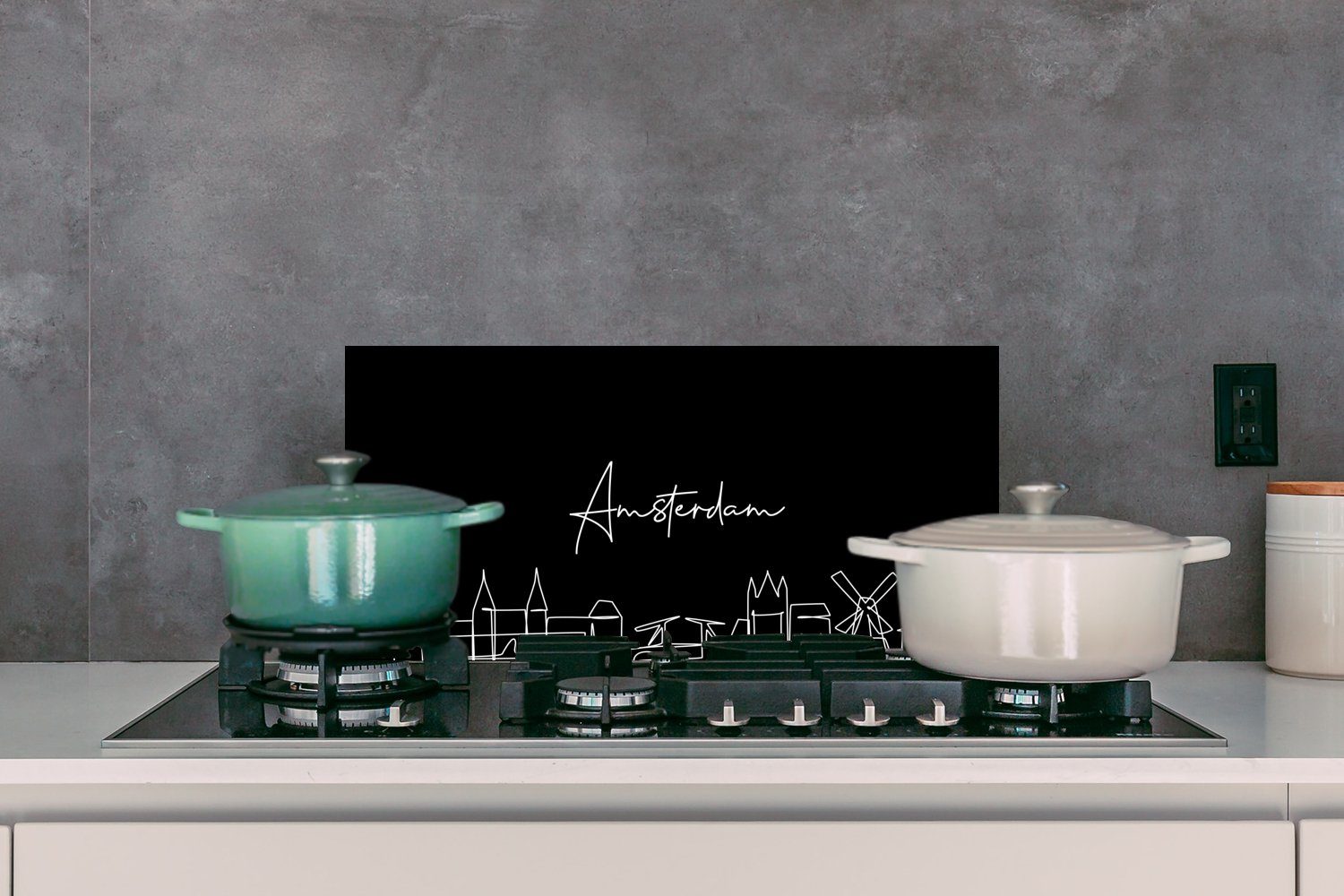 gegen - und Skyline MuchoWow Küchen - Amsterdam Niederlande Schwarz-Weiß, 60x30 Linienkunst - für - Schmutzflecken cm, Küchenrückwand Wandschutz, Fett (1-tlg),