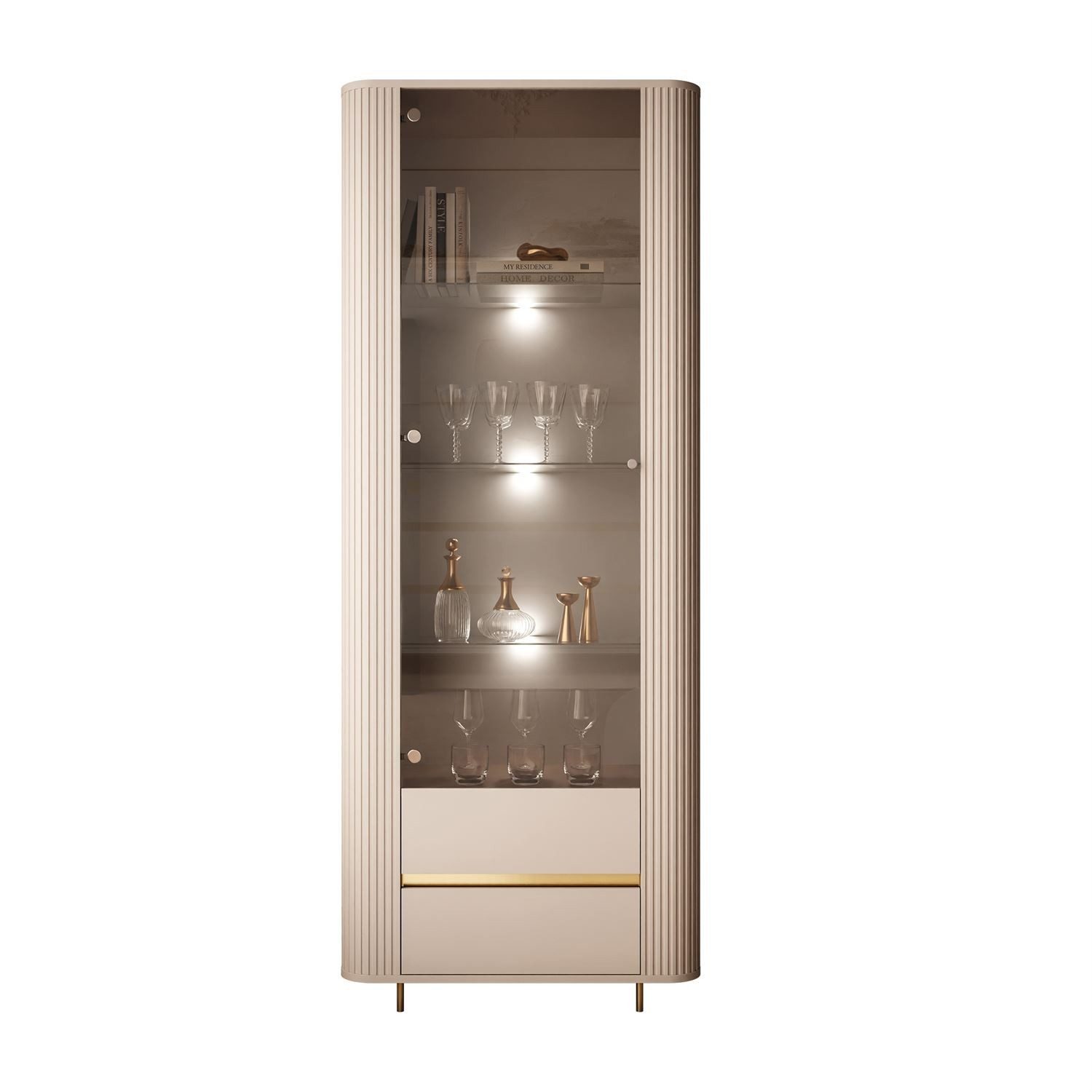 ALLHOUSE24 Vitrine MIRACLE Sandbeige, Glasvitrine, Rillenstruktur, Metallfüße (1x Vitrine) Breite 76 cm