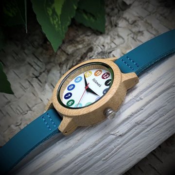 Holzwerk Quarzuhr RAINBOW BLUE bunte kleine Damen Leder & Holz Armband Uhr, türkis, blau