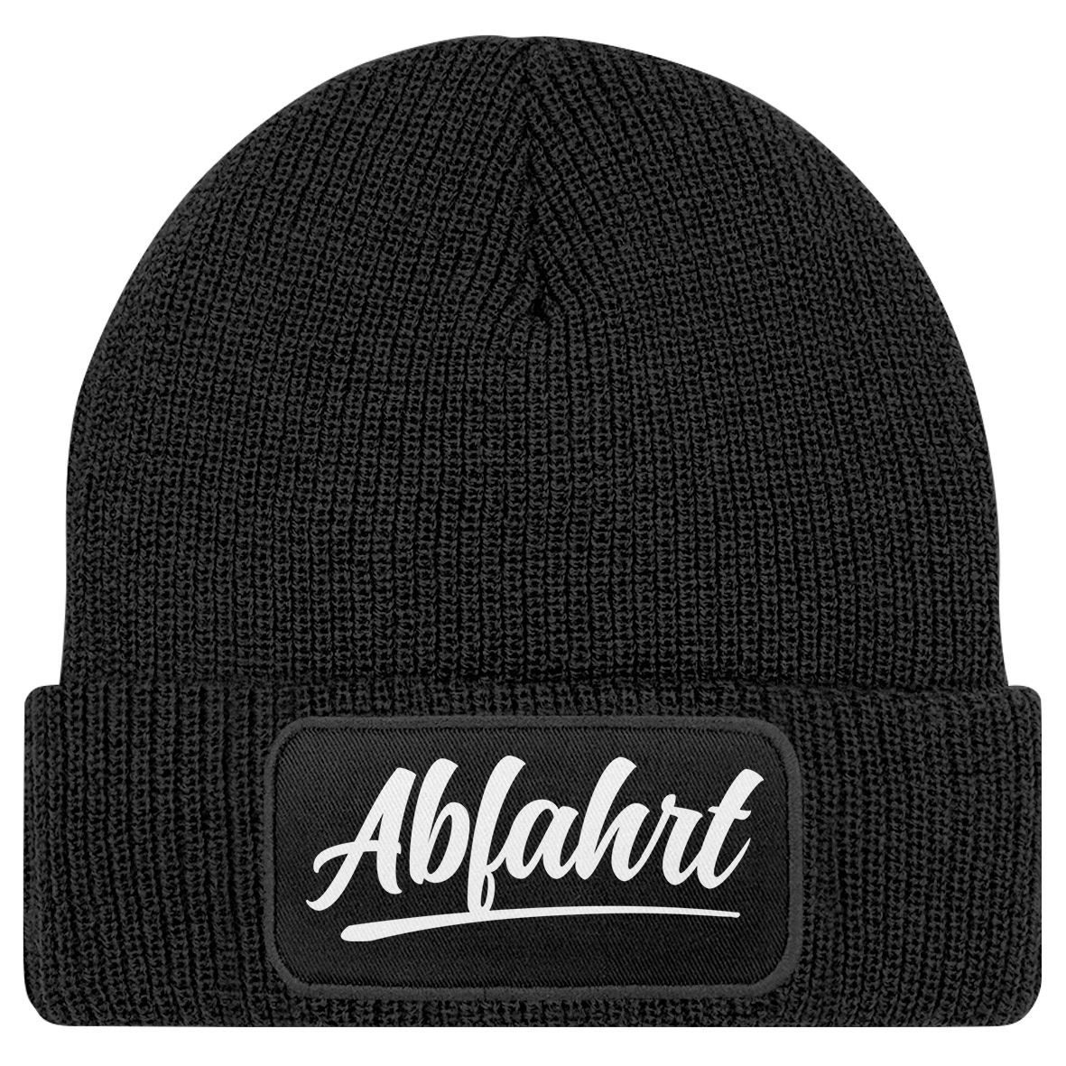 MoonWorks Strickmütze Damen Beanie mit Patch Skifahren Strickmütze mit Spruch Aufdruck