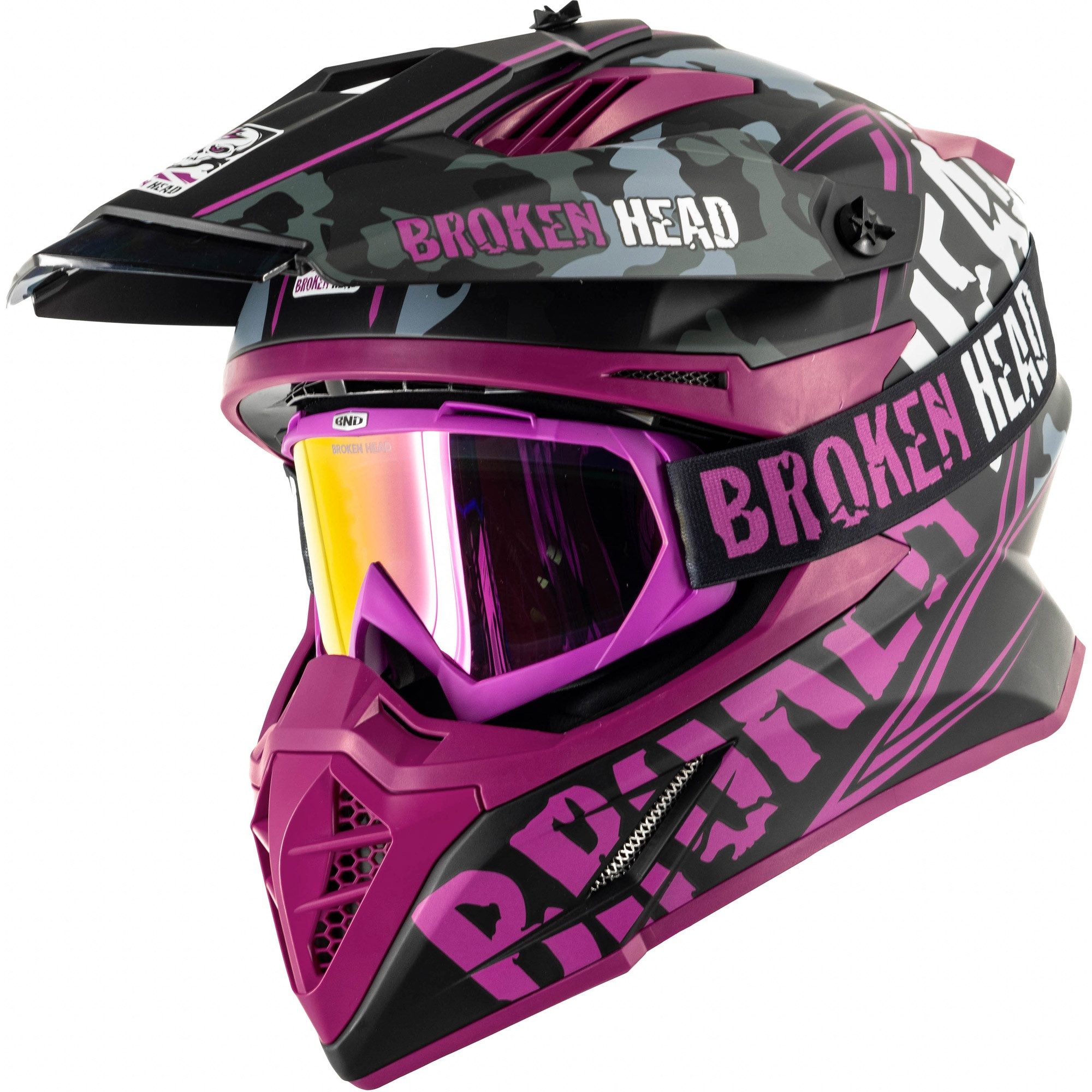 Broken Head Motocrosshelm Squadron Rebelution Pink + MX-2 Brille Pink (Mit MX-2 Brille Pink Verspiegelt), Zwei Verschlüsse