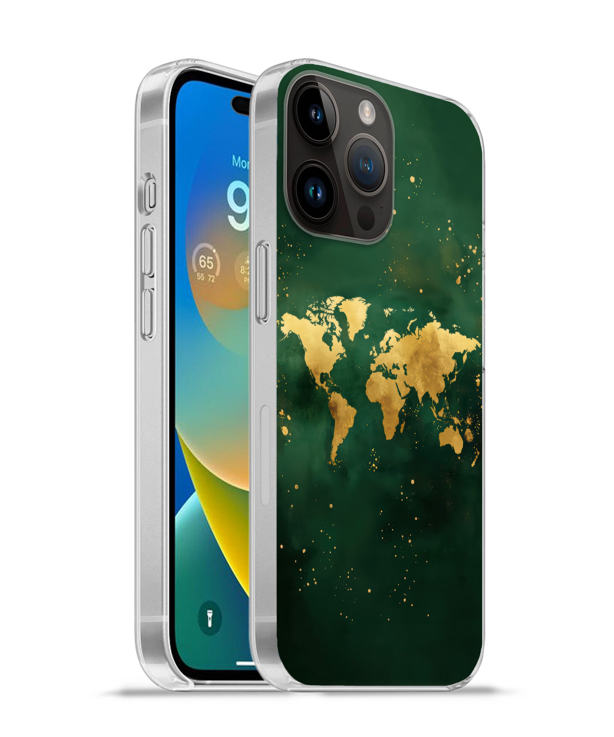 MuchoWow Handyhülle für Apple iPhone 14 Pro Weltkarte - Grün - Gold, Smartphone-Bumper, Print, Handy Schutzhülle Dünn
