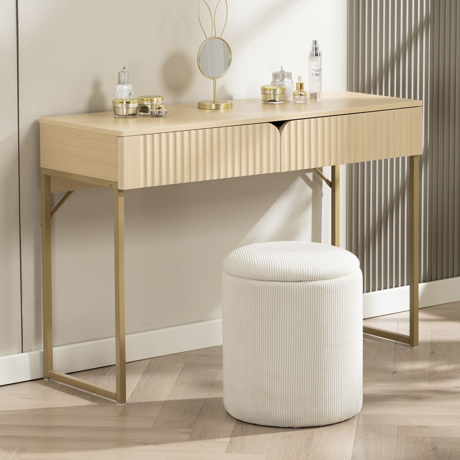 IDIMEX Konsolentisch FRIBO, Schminktisch mit Rillenfront Metallgestell und 2 Schubladen eiche/gold