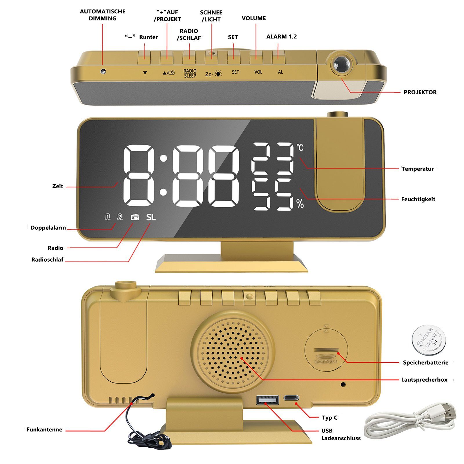 LED Akku Schale Wecker Radio Dual-Alarm Ziffer Weiß ° Digitalwecker ohne Farbe 180 Temperatur Projektion Alarm Gold Projektion Digital USB-Anschluss 12/24H Projektionswecker REDOM Radiowecker
