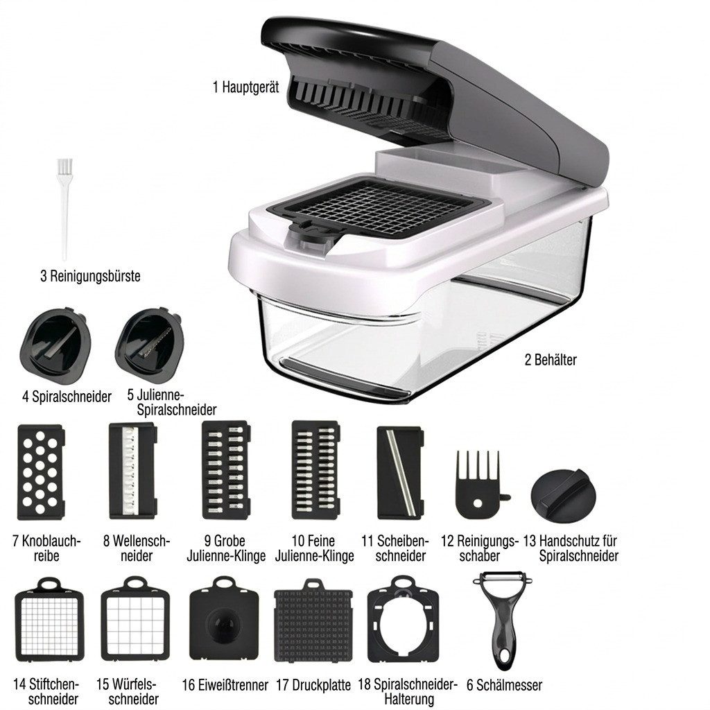JASLIFE Gemüseschneider 18 in 1 Gemüseschneider Set mit Behälter, Manueller Küchenhelfer mit Edelstahlklingen und Handschutz