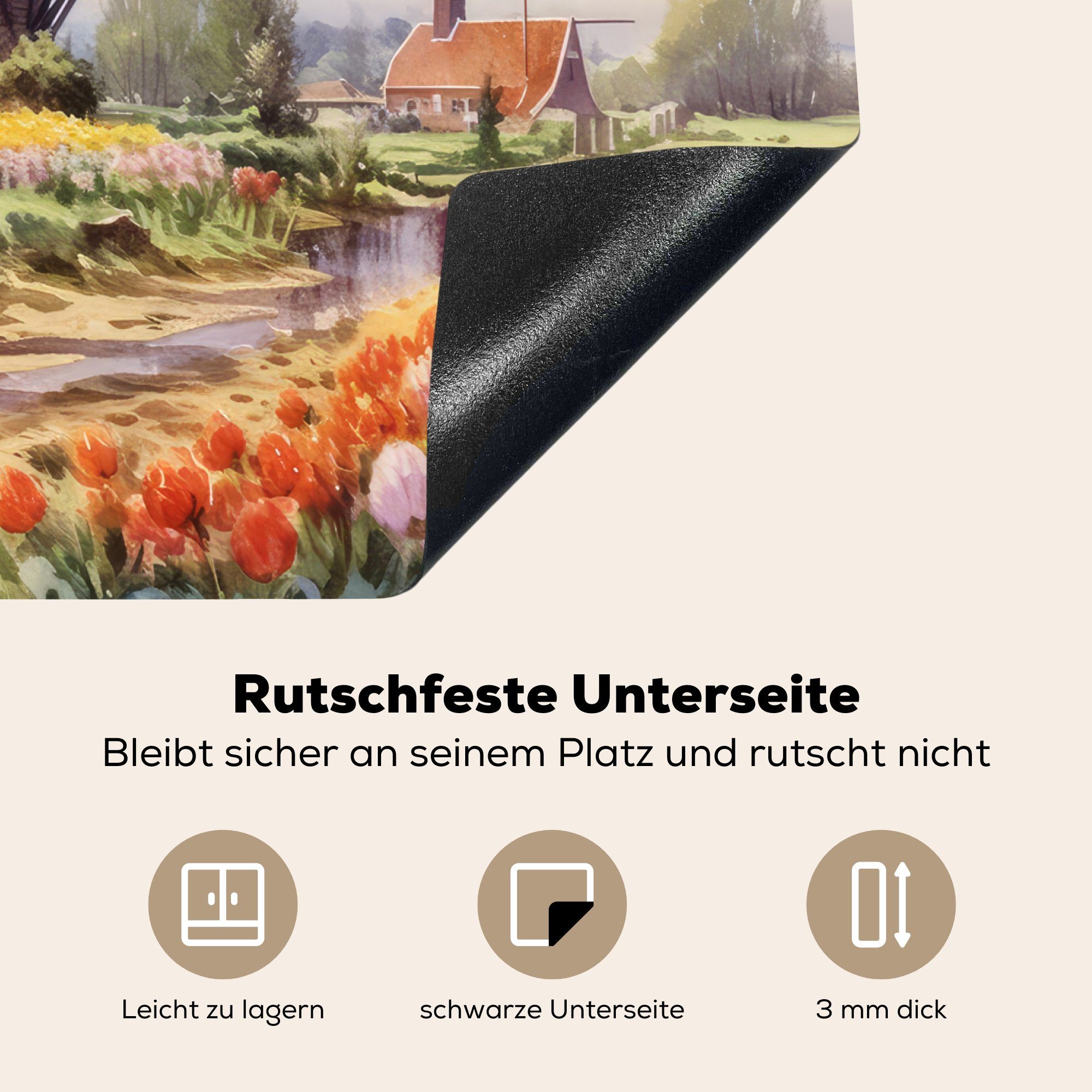Ceranfeldabdeckung Kunst MuchoWow Mobile - Vinyl, Landschaft - - nutzbar, - (1 Herdblende-/Abdeckplatte Niederlande Niederlande, tlg), 60x52 Mühle cm, Arbeitsfläche