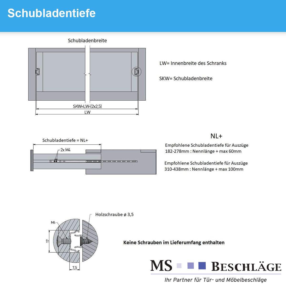 MS Beschläge Teleskopauszug Teilauszüge Schubladenauszug Auszugsschiene h 17mm