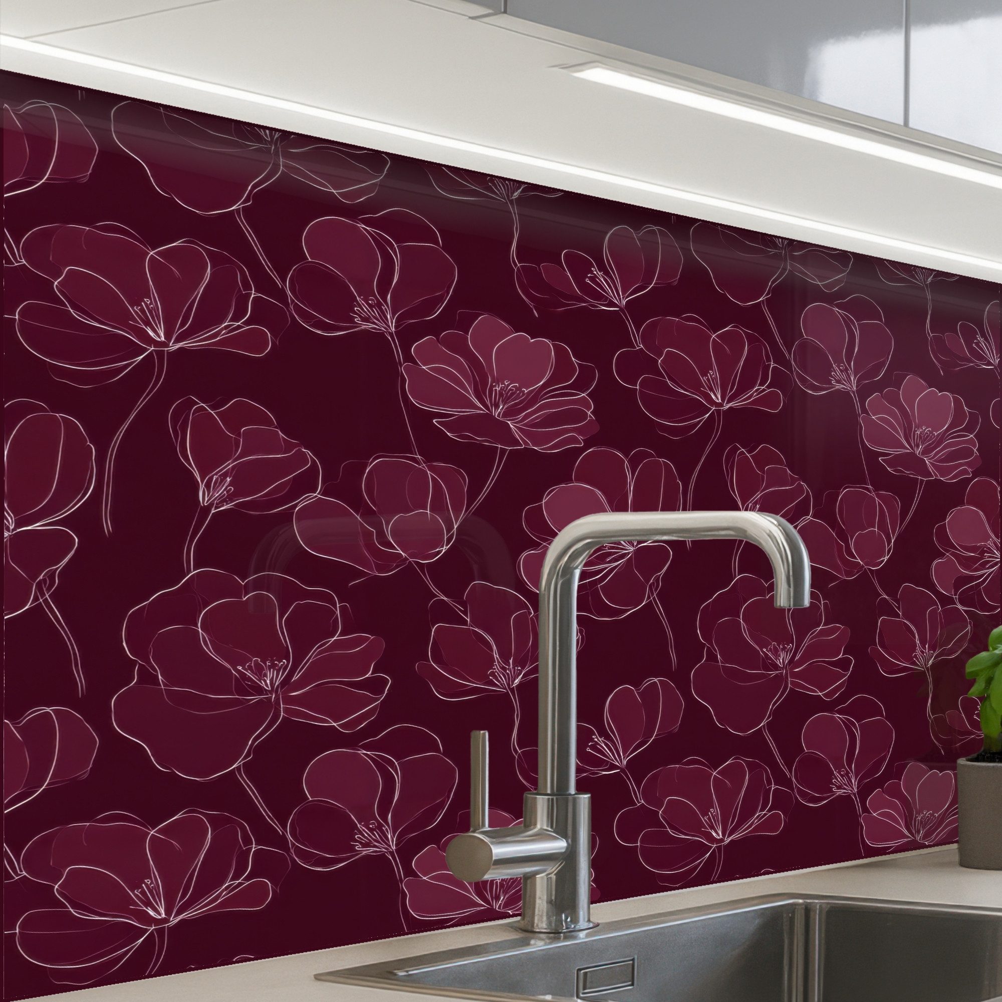 KitchenYeah Küchenrückwand selbstklebend (keine Folie) Blumen - Muster - Burgunderrot, (1-tlg), Spritzschutz, Küche, Rückwand, Küchenwand, Küchenfront, 80x60 cm