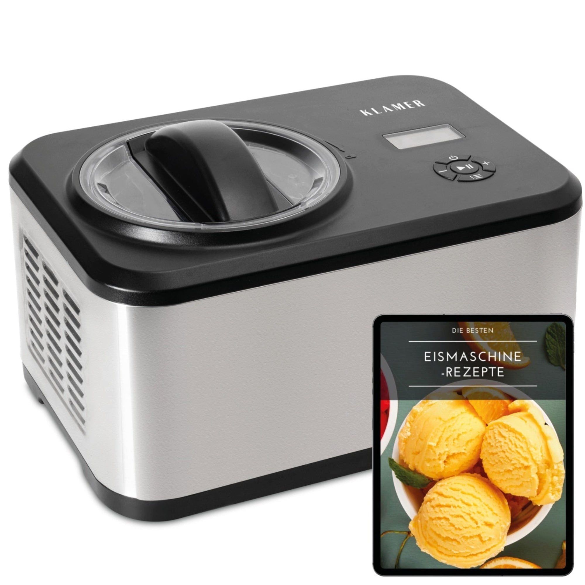 KLAMER Eismaschine mit Kompressor 1,5L 120W, Edelstahl, Speiseeis Maschine, Kühlfunktion, 1,5 l, 120 W, Raffiniertes Rührsystem, Nachfüllklappe, digitales Rezeptbuch