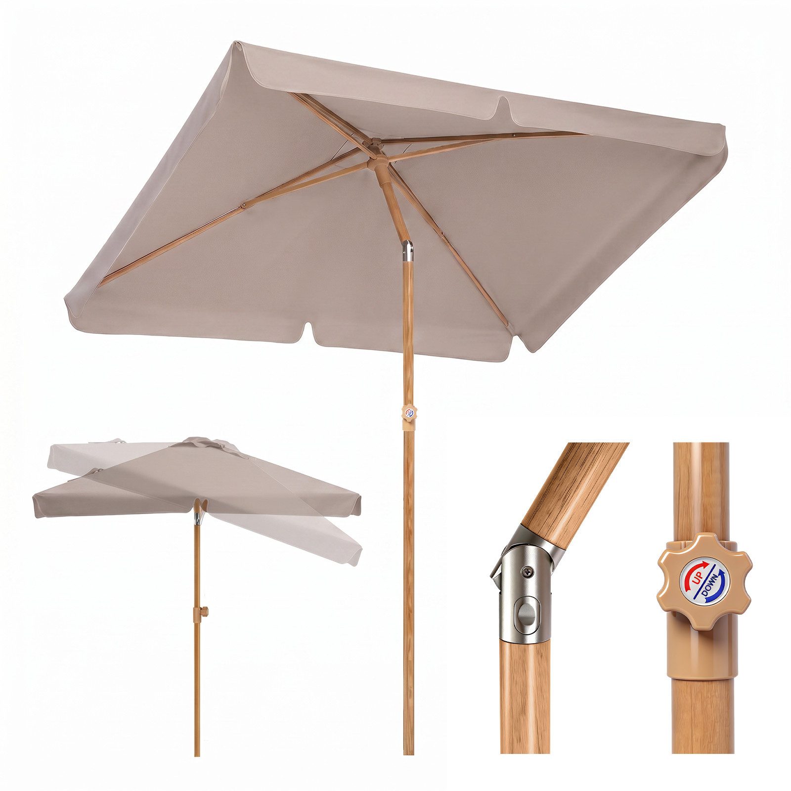 Sekey Sonnenschirm 200 x 125 cm Rechteckig Höhenverstellbar Holzoptik Gartenschirm, UV50+ Sonnenschutz, für Terrasse