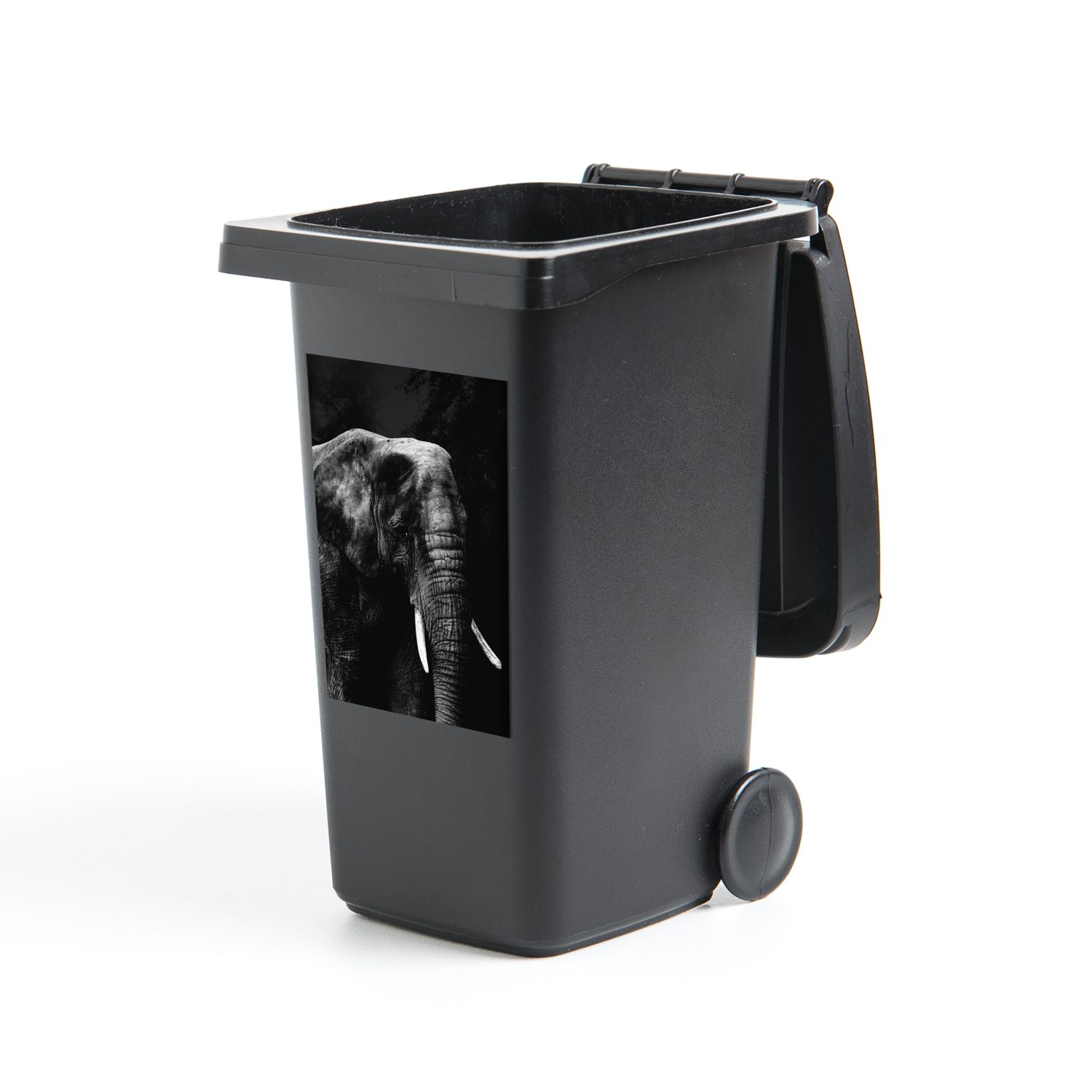 MuchoWow Wandsticker Elefant auf schwarzem Hintergrund - schwarz und weiß (1 St), Mülleimer-aufkleber, Mülltonne, Sticker, Container, Abfalbehälter