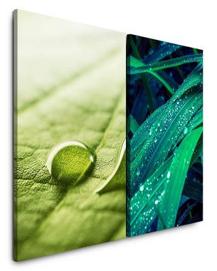Sinus Art Leinwandbild 2 Bilder je 60x90cm Wasserperle grünes Blatt Regentropfen Frisch Natur Erholsam Beruhigend