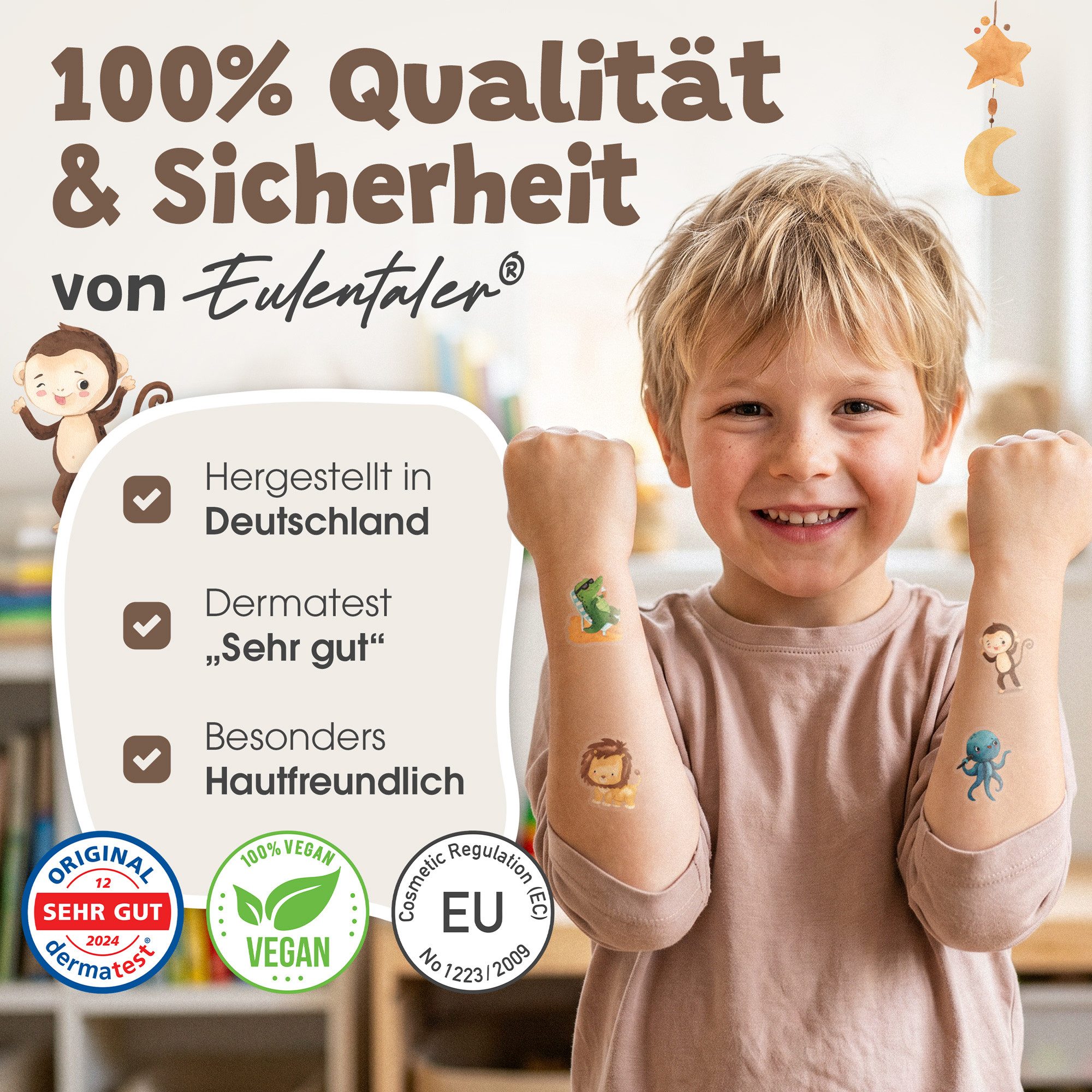 Eulentaler Kindertattoo I 100x hautfreundliche Kindertattoos I Von Pädagogen empfohlen, [Dermatest: Sehr Gut] Made in Germany, I Geburtstagsmitgebsel + Ausmalbilder