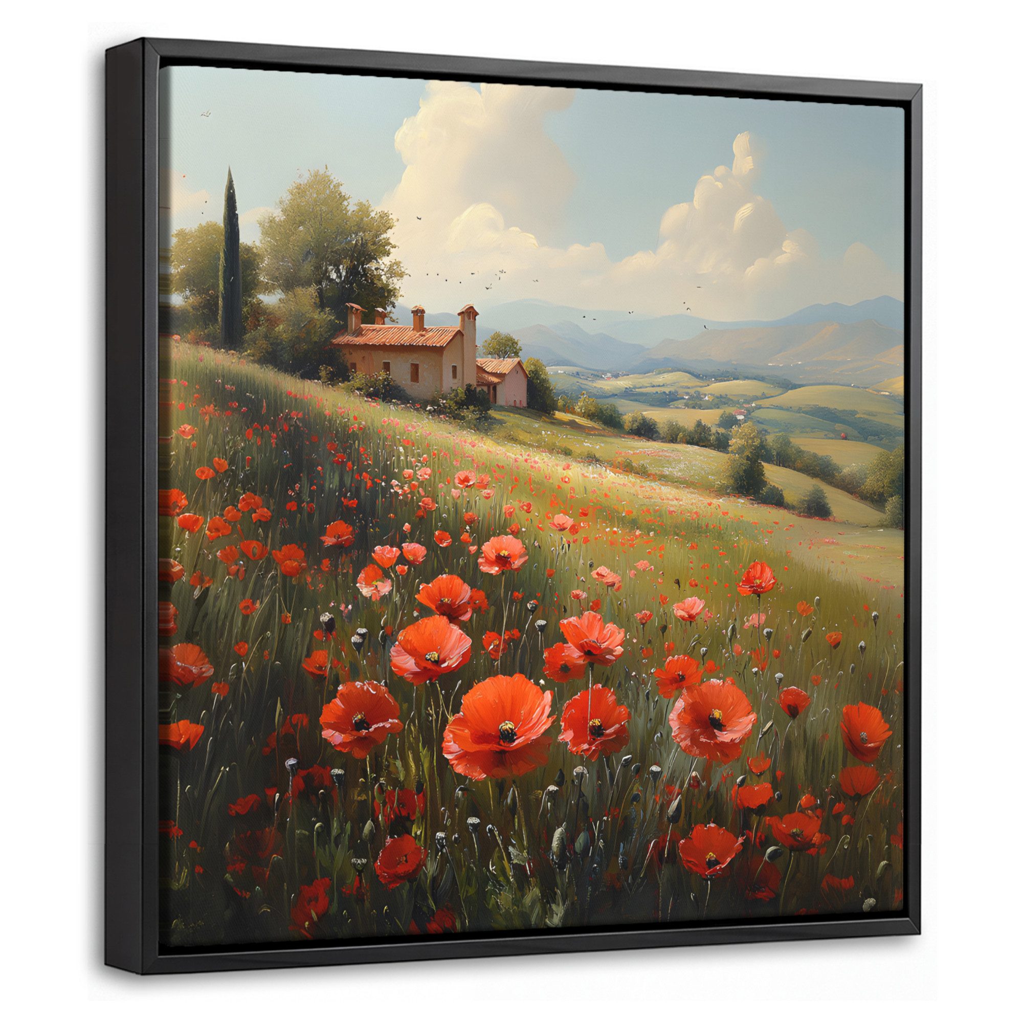 OneMillionCanvasses® Leinwandbild mit Rahmen - Mohnblumen - Rot - Hügel - Landschaft, Fotodruck (1 St), Leinwand Bilder Klein, Wand Dekoration Aesthetic 20x20cm