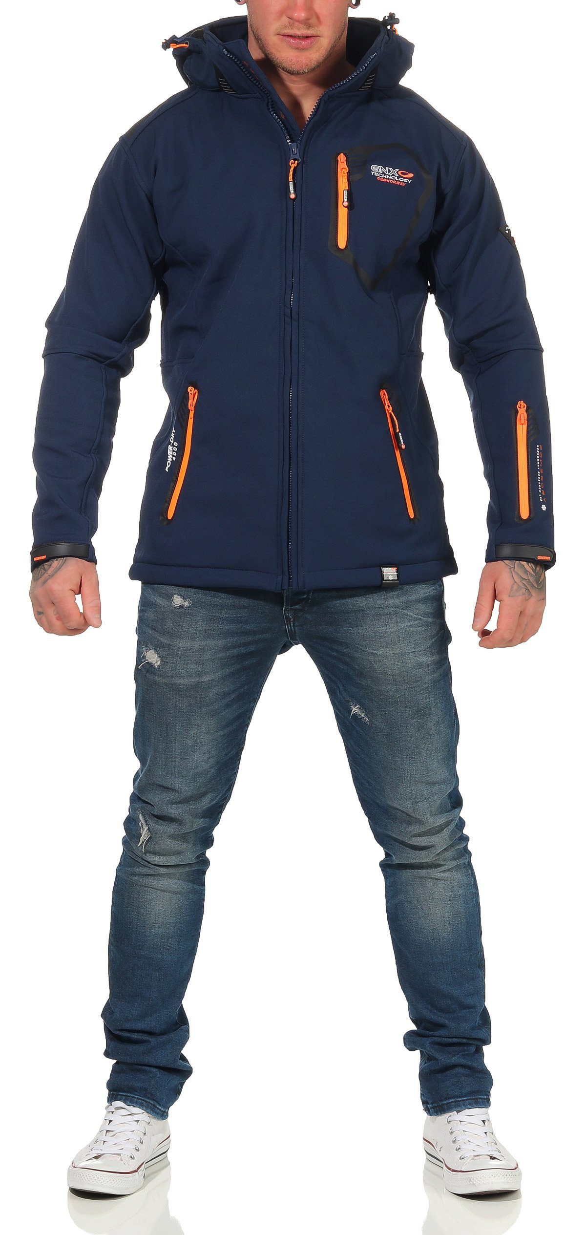 Geographical Norway Softshelljacke Tsunami mit Outdoor, Windbrecher, Herren, Übergangsjacke Kapuze, abnehmbarer Jacke, Navy