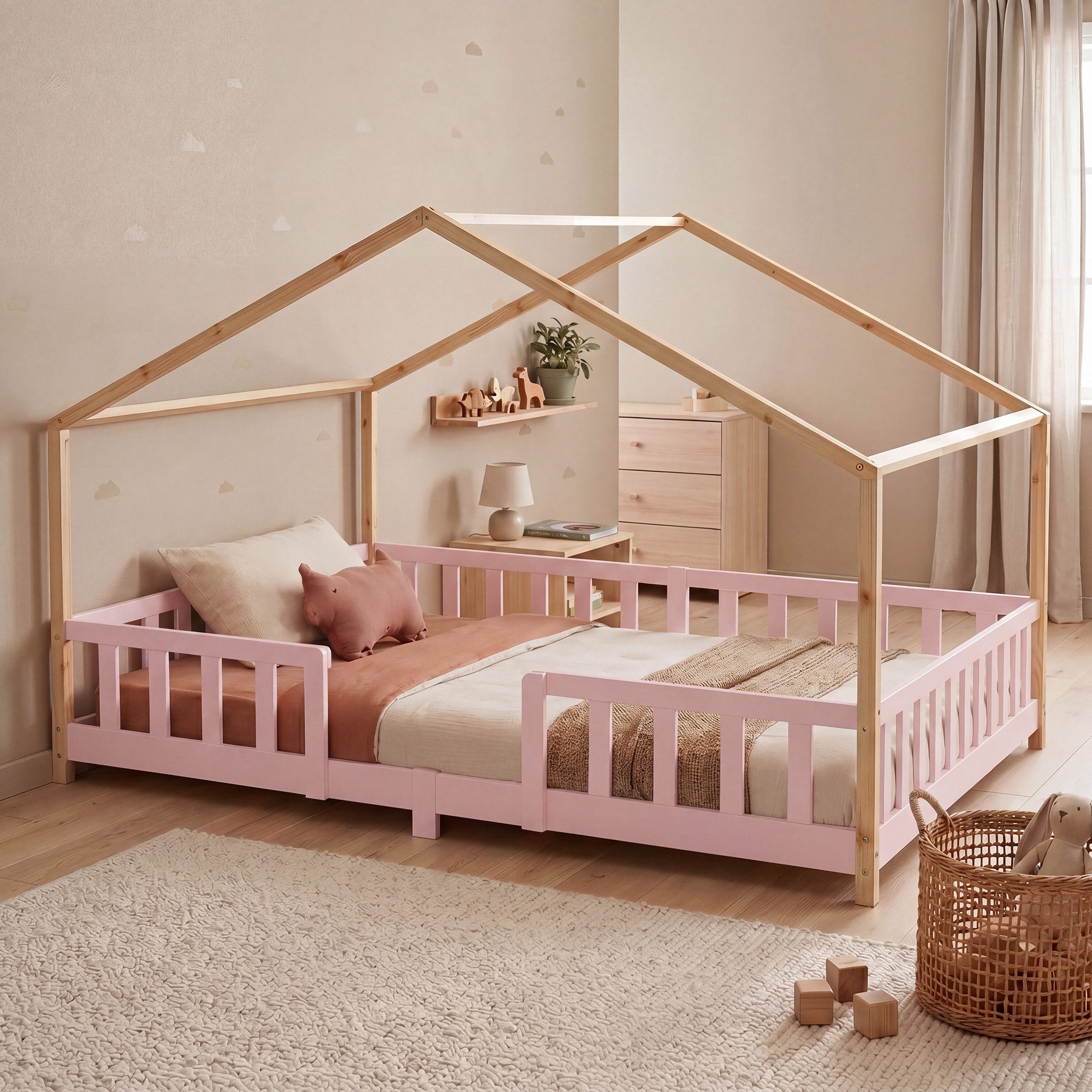 en.casa Kinderbett, »Treviolo« Haus-Optik Montessori 120x200 cm Rosa/Natur