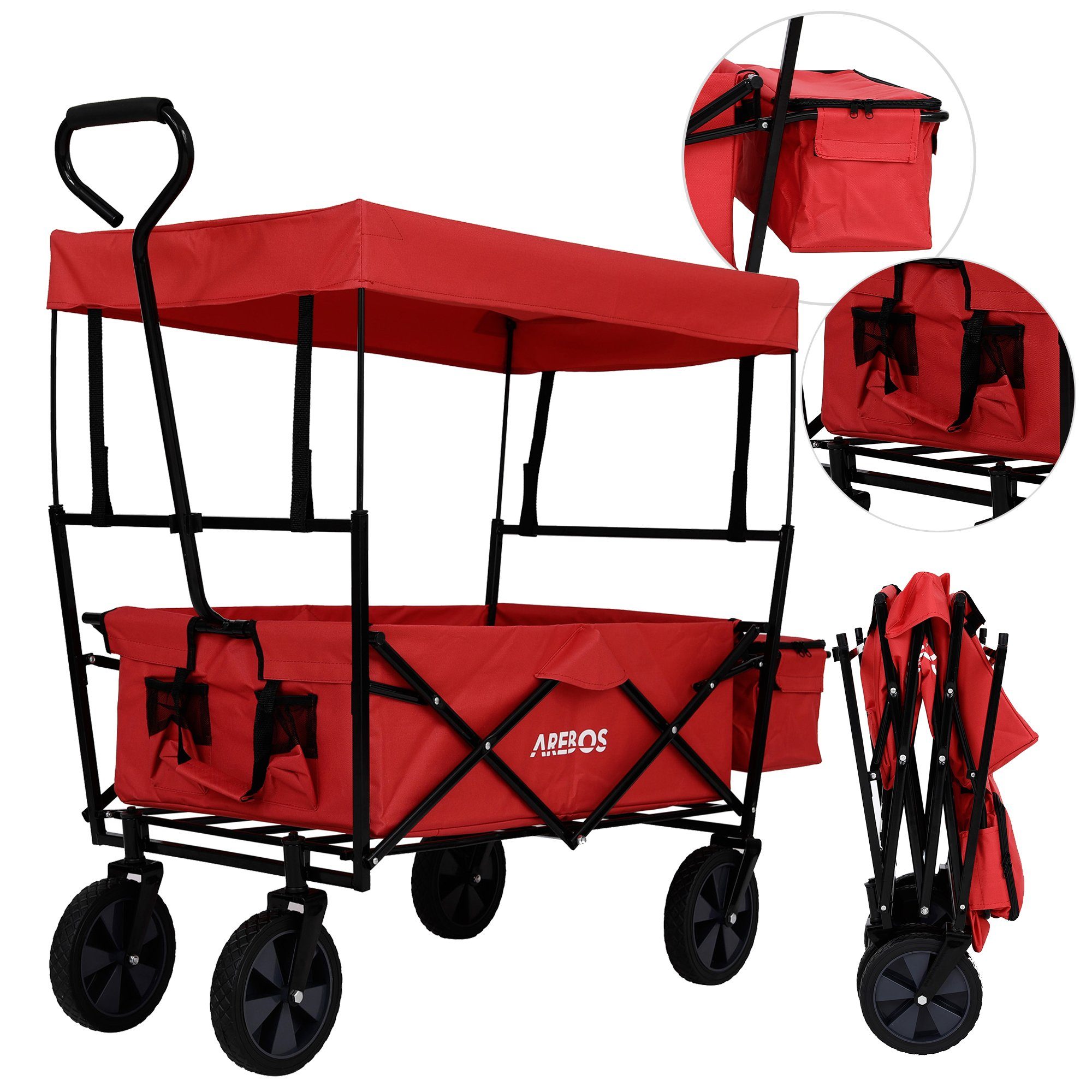 Arebos Bollerwagen ECO faltbar mit Dach, 150 kg Tragkraft für Garten, Camping & Ausflüge (Rot), Maße 117 x 55 x 125 cm