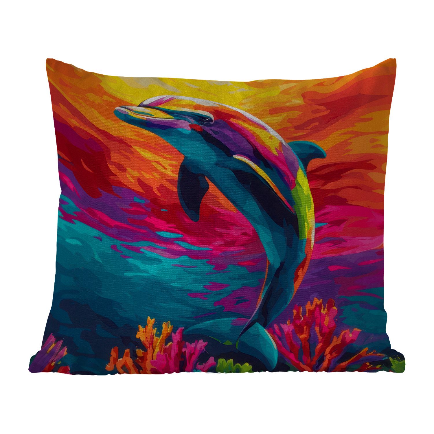 MuchoWow Dekokissen Delfin - Farbenfroh - Ozean - Koralle, Kissenbezüge, Kissenhülle, Kissen, Outdoor, 40x40 cm