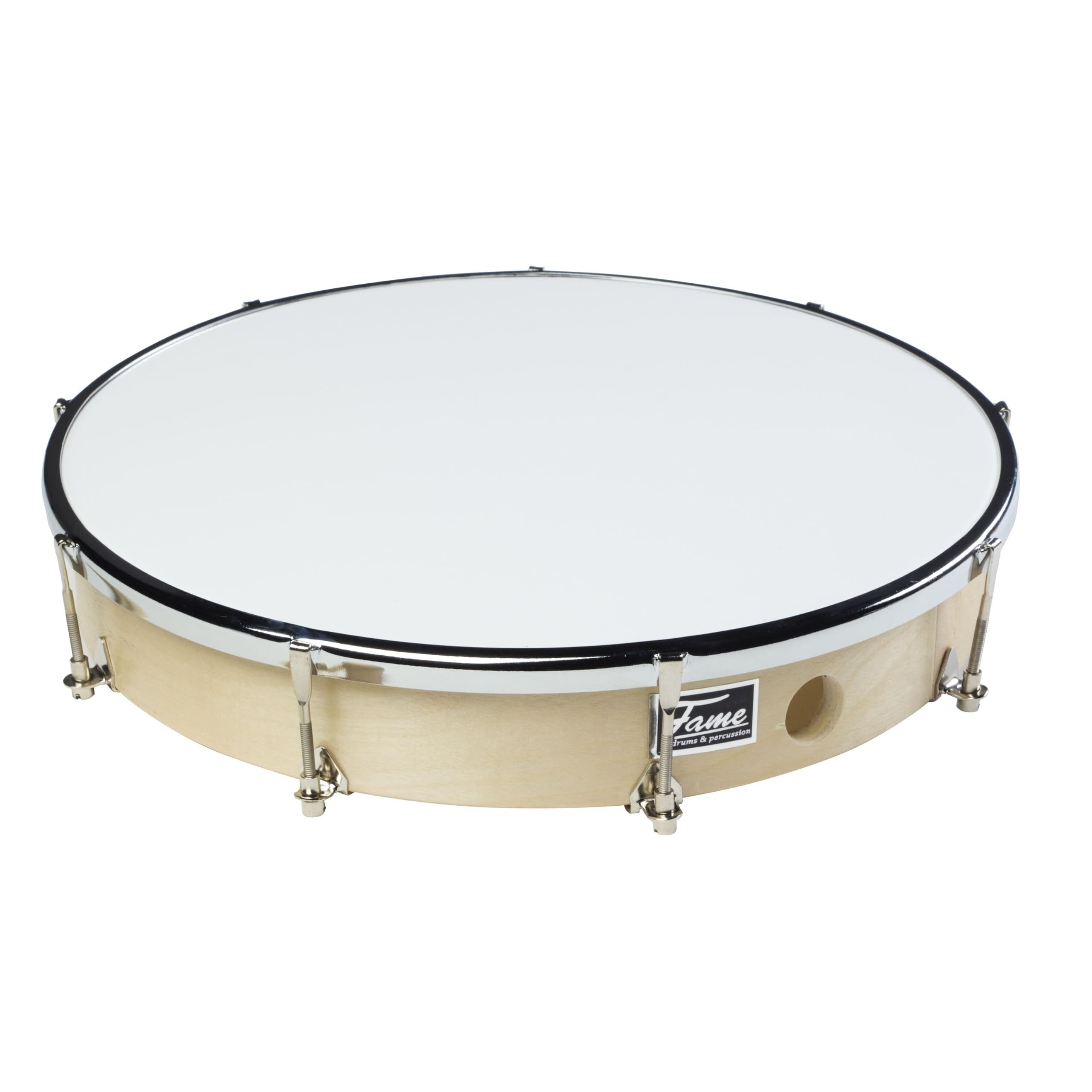 FAME Handtrommel,12" Frame Drum Handtrommel aus Holz Mechanische Stimmung Inklusive Schlägel und Stimmschlüssel Naturfarben Hochglanz-Finish Synthetikfell Ideal für Musik zu Hause", Percussion, Handtrommeln, 12" Frame Drum, Holz Handtrommel, Mechanische Stimmung
