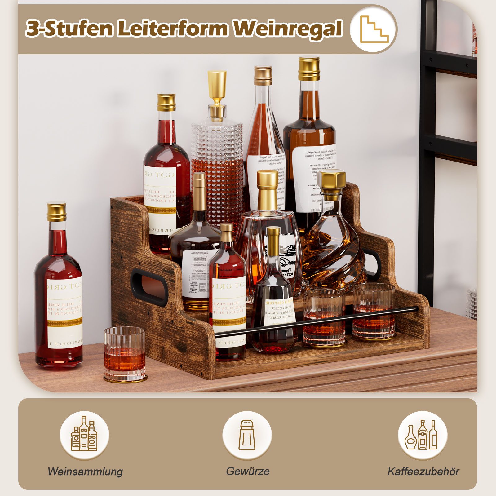 Yorbay Weinregal für Arbeitsplatte,Weinständer aus Holz,Dreistöckiger Bar-Regal, Weinflaschenhalter für Küche, Wohnzimmer und Home-Bar