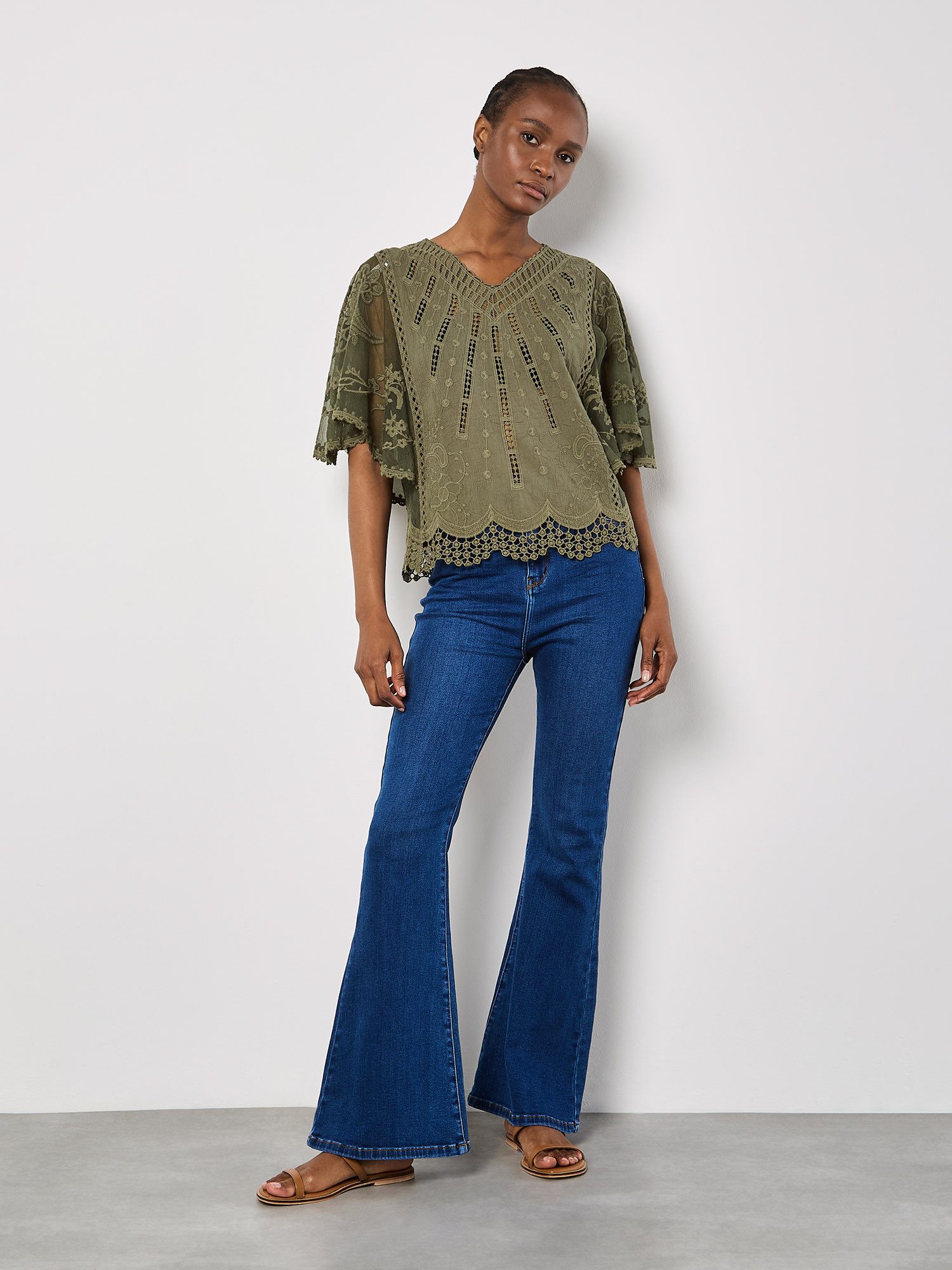 Apricot Blusentop Besticktes Baumwoll-Mesh-Top im Stickmix günstig online kaufen