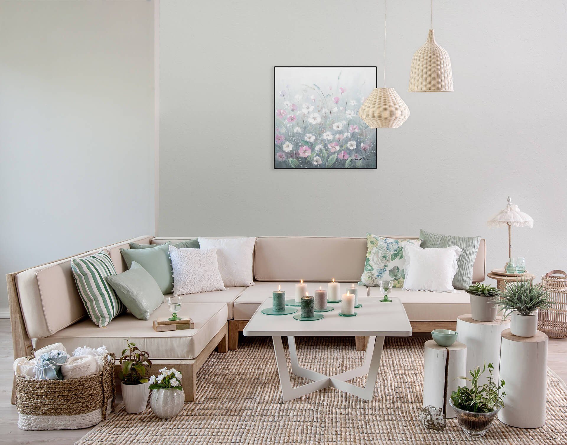 Wohnzimmer Wandbild 100% KUNSTLOFT HANDGEMALT Flowery 60x60 Meadow Gemälde Leinwandbild cm,