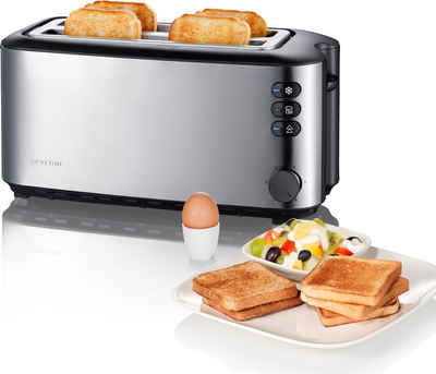 Severin Toaster AT 2509, 2 lange Schlitze, 1400 W, hochwertiger hochwertiges, wärmeisolierendes und doppelwandiges Edelstahl-Gehäuse, mit Brötchenaufsatz, Platz für bis zu 4 Brotscheiben