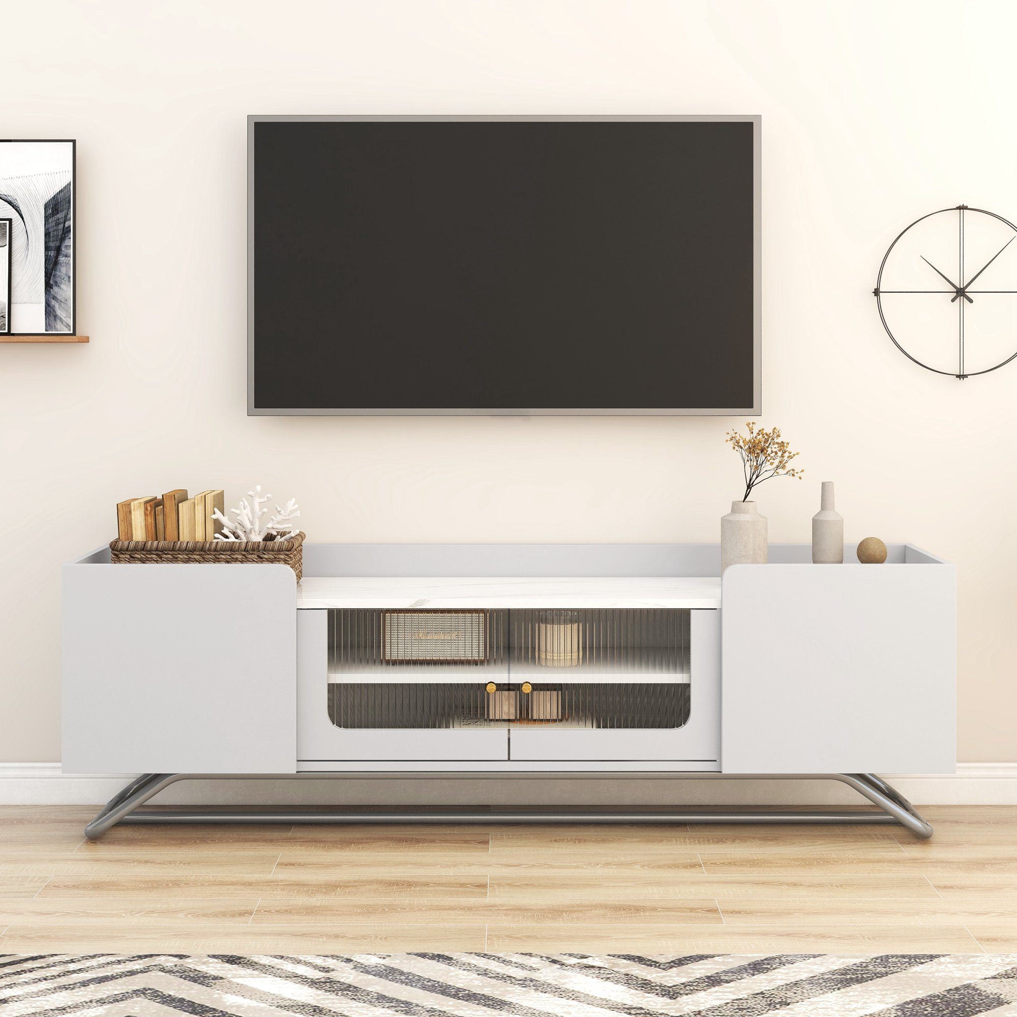 Lowboard (TV Schrank mit 4 Türen und 2 Regal), Hochglanz Tischplatte in Marmoroptik und schöne Glastür, Breite 150 cm