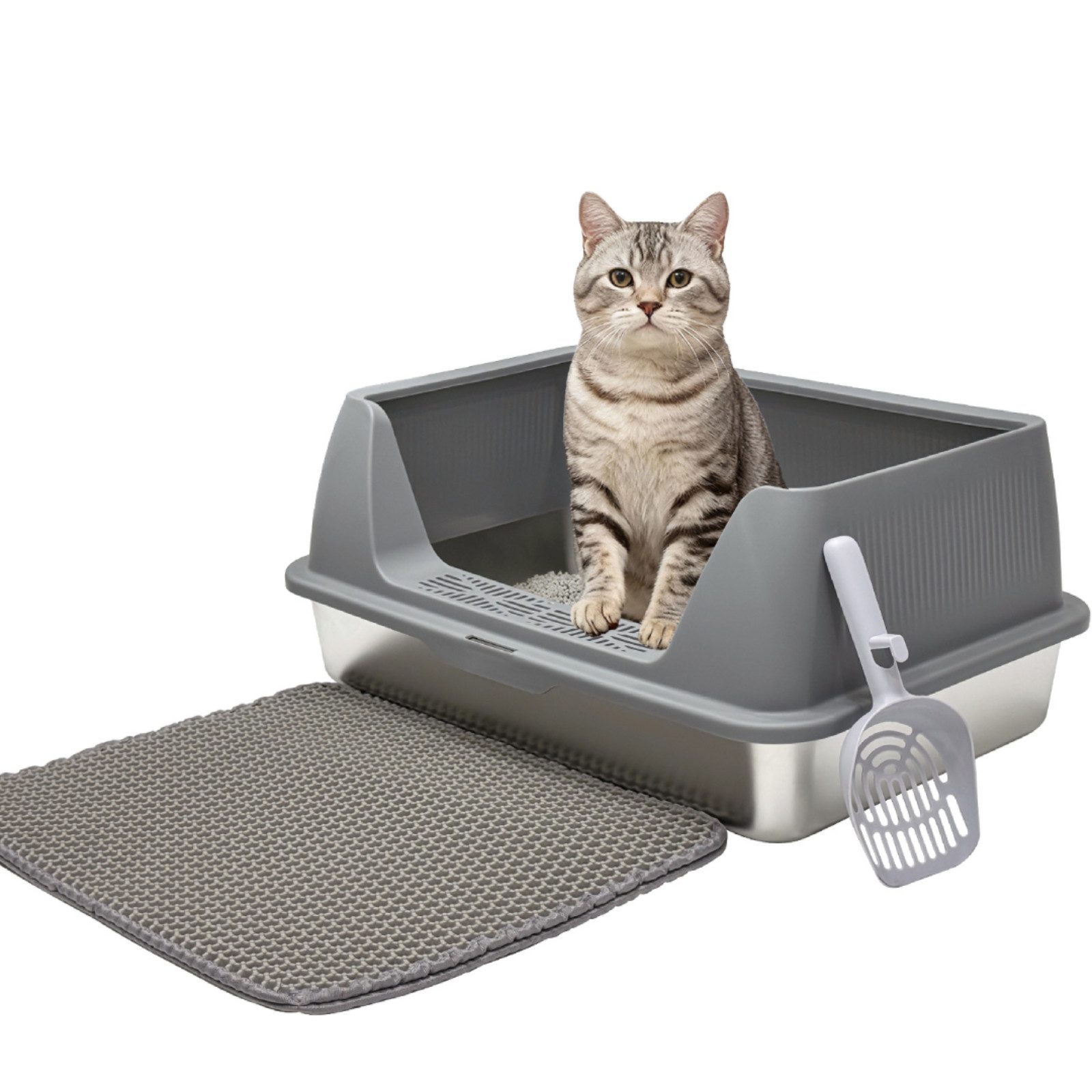 kisidus Katzentoilette Geschlossene Katzenklo Edelstahl 60 x 40 x 25 cm, Mit Hochwandigem Seitengehäuse Nicht-Klebrig & Einfach zu Reinigen