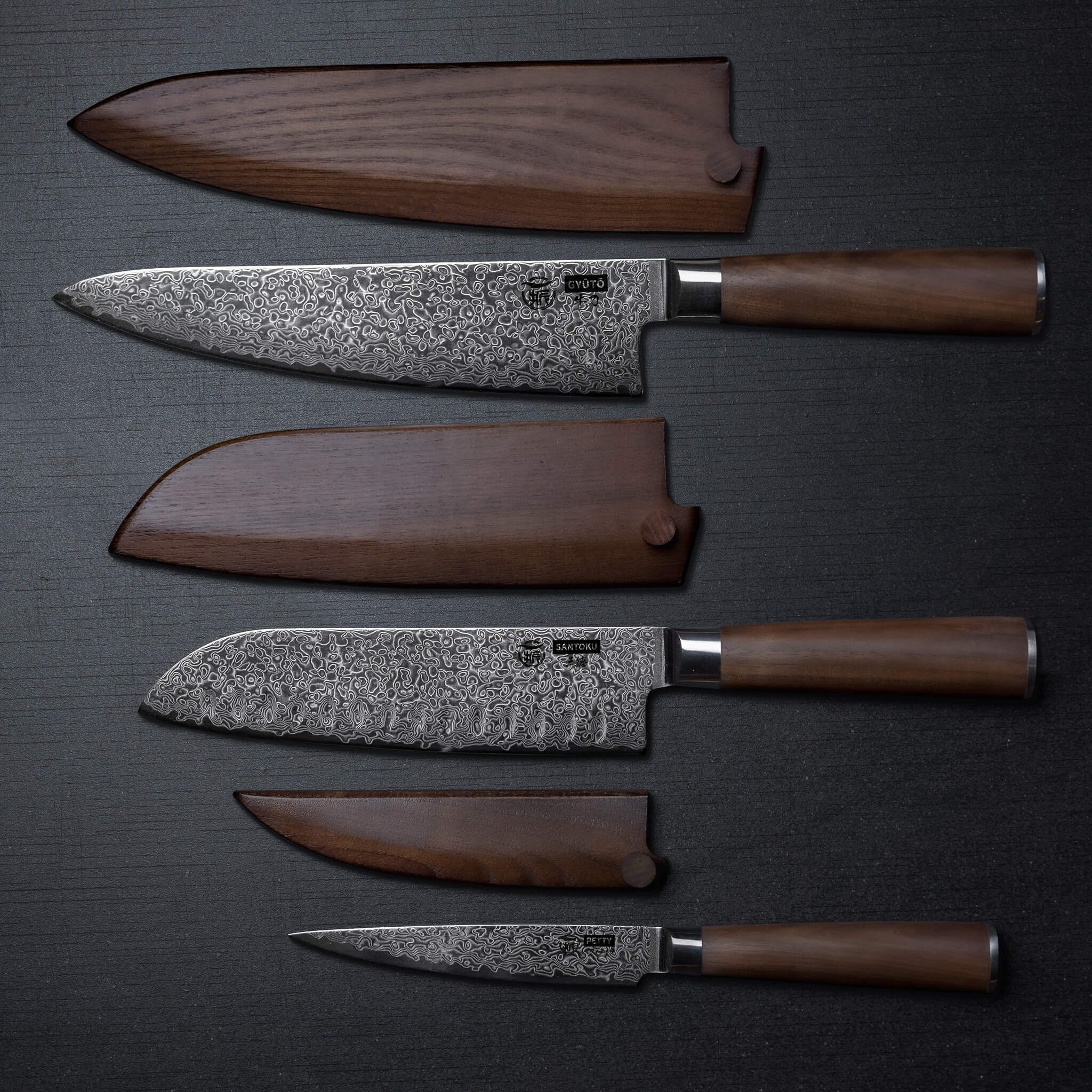 HITOFURI® Damastmesser HITOFURI® OSAKA SET 3tlg Damaskusmesser Universalmesser Premium Messer, inkl. einer edlen Holzbox, Messerscheide, Pflegetuch sowie Pflegeöl