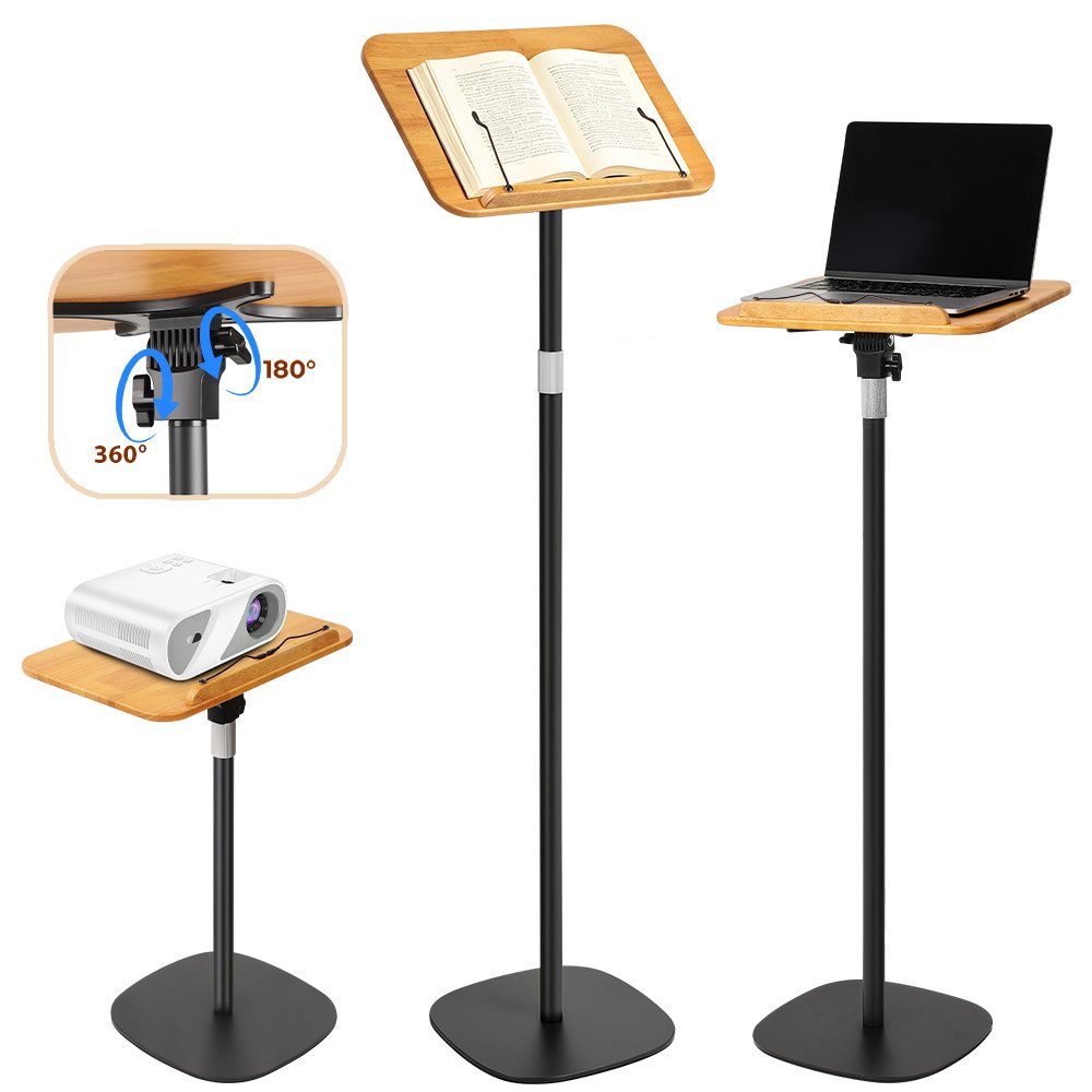 PRIISF Buchstütze 3in1 Buchständer Höhenverstellbar Buchhalter 50-130cm für Boden Tisch (mit XXL-Platte 180°-Neigung Holz Leseständer mit Papierclips, Beweglicher Computertisch Mobile Notenständer Tisch Projector Stand), Tragbarer Podiumständer Rednerpult Kochbuch Zeichenbrett Laptophalter