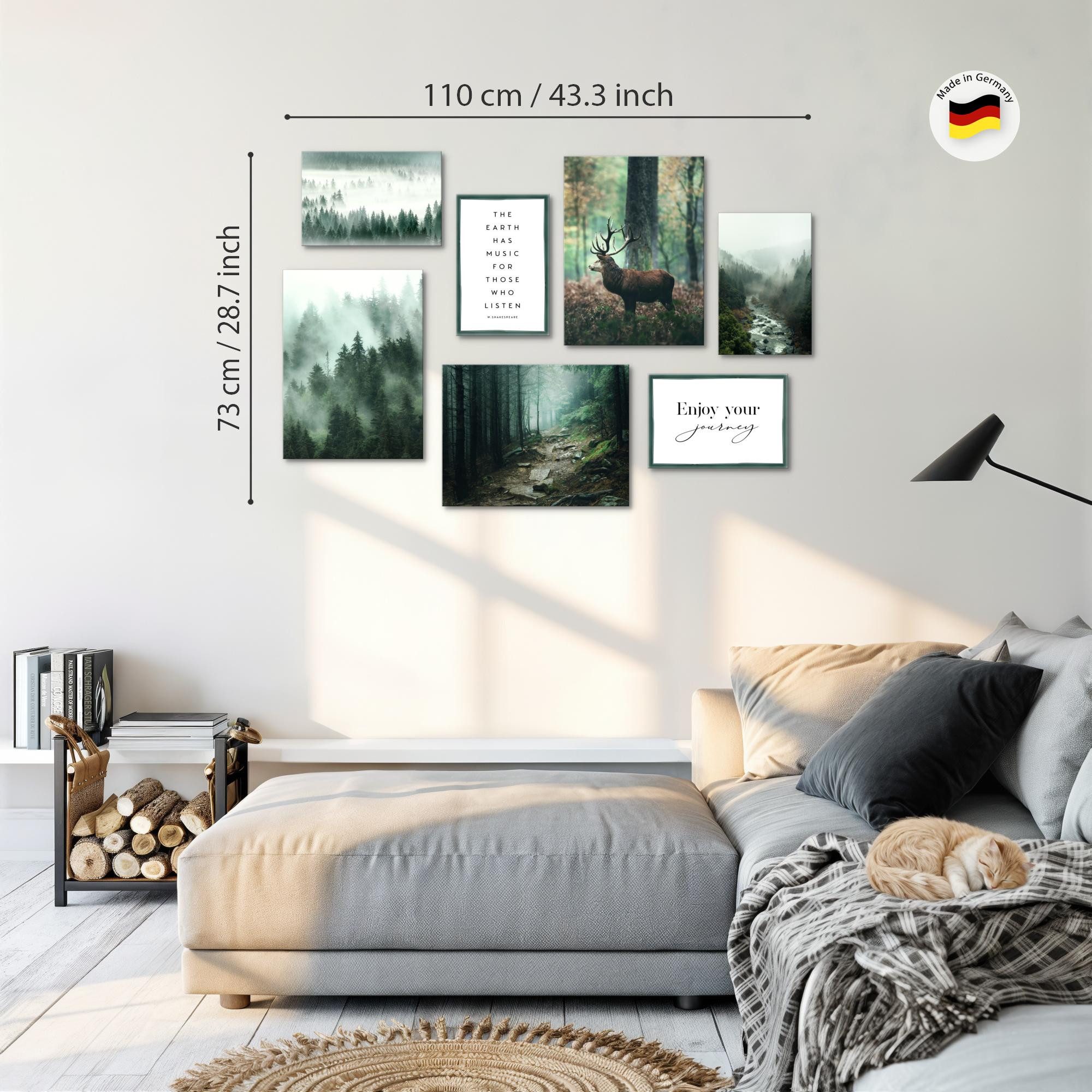 Novart Wandbild Wald Hirsch KOMPLETT AUFHÄNGFERTIG Natur Grün Wohnzimmer Schlafzimmer, Hirsch (7 St)