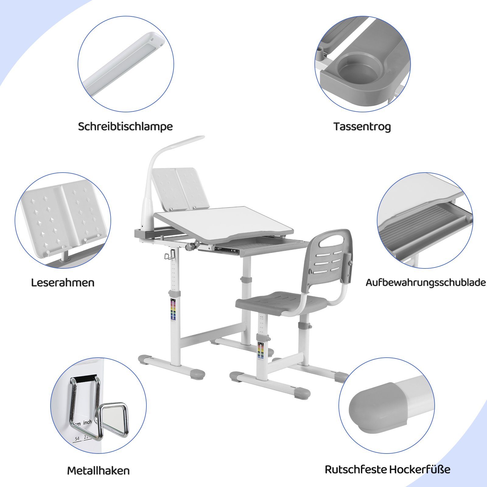 Femor Kinderschreibtisch Femor Kinderschreibtisch Höhenverstellbar Stuhl mit Lampe Grau
