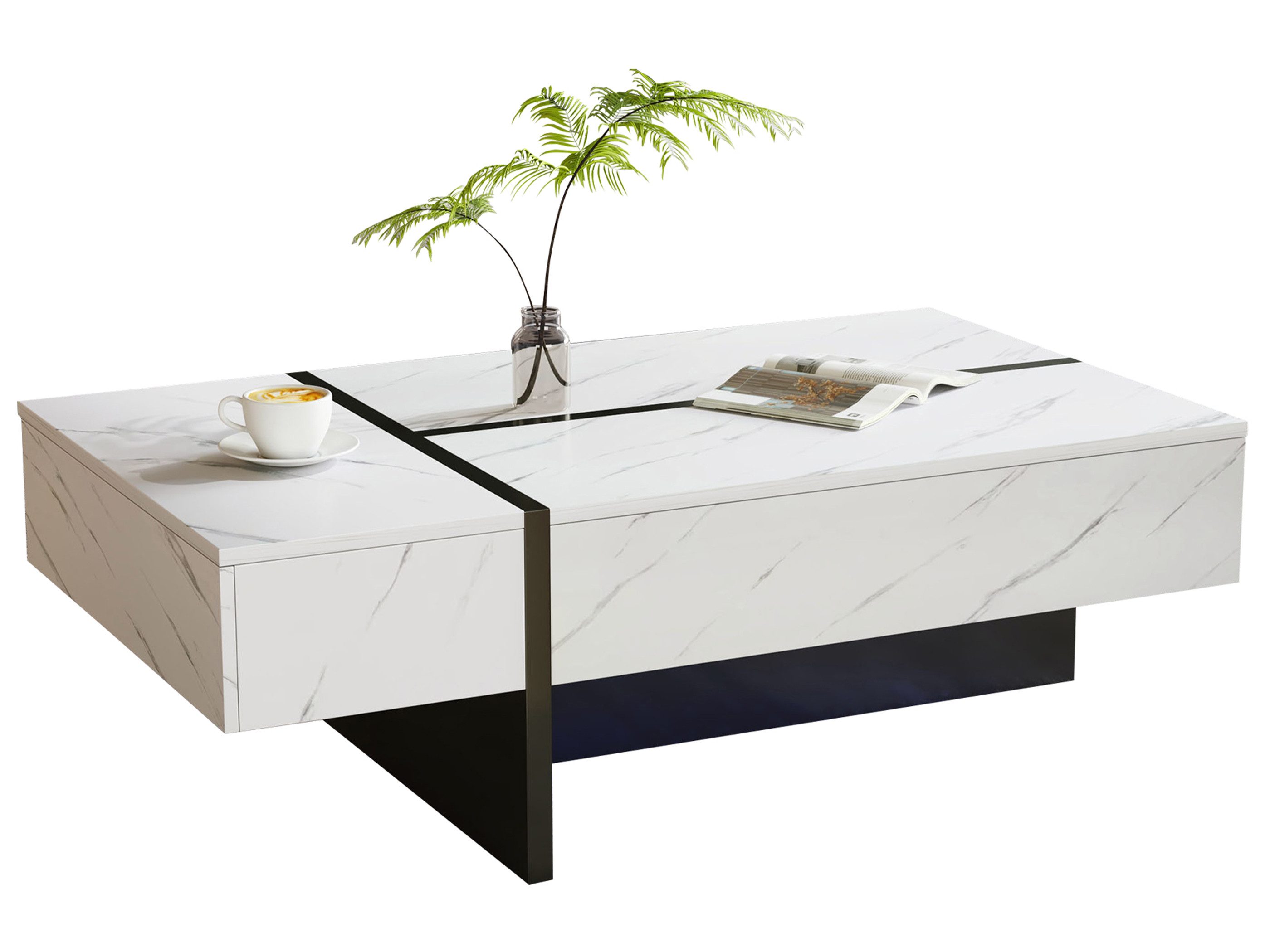 SeedWave Couchtisch Moderner Sofatisch in Marmoroptik mit Verstellbarer LED-Beleuchtung, Kaffeetisch mit hochglänzende Tischplatte, drei Schubladen