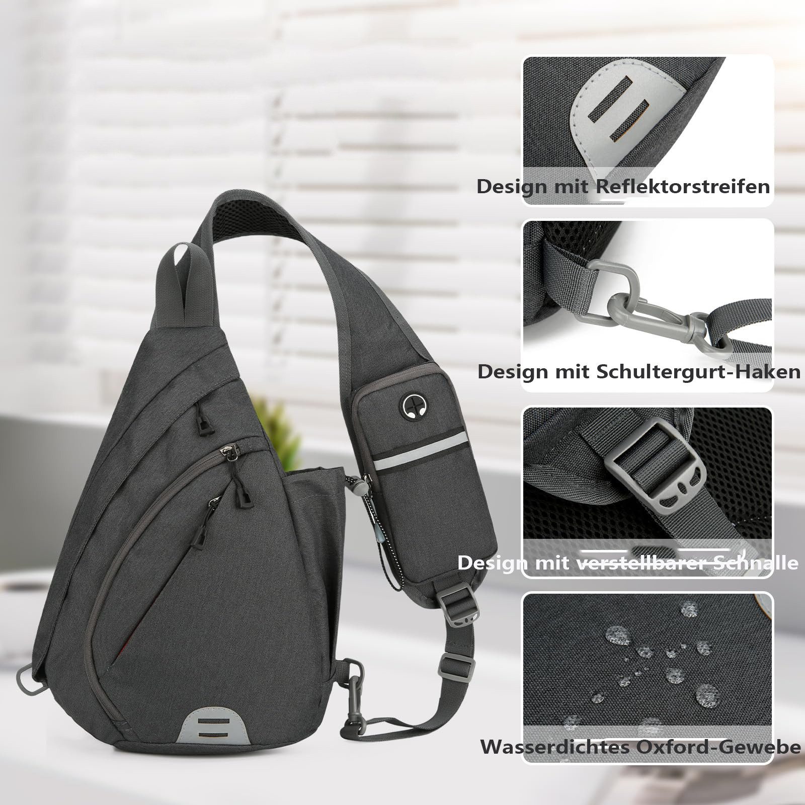 Zaewry Umhängetasche Sling Chest Crossbody Bag,Wasserdicht Schultertasche,mit Kopfhörerloch, Geeignet für Reisen, Fitnessstudio, Wandern, Büro, Radfahren usw. – Bild 4 von 5