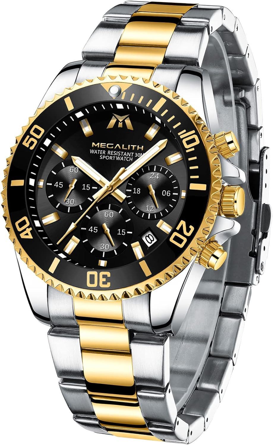 MEGALITH Fur Herren 43mm Chronograph Edelstahl Designer Armband Watch, Wasserdicht Leuchtende Analog Datum Business Elegant Geschenk