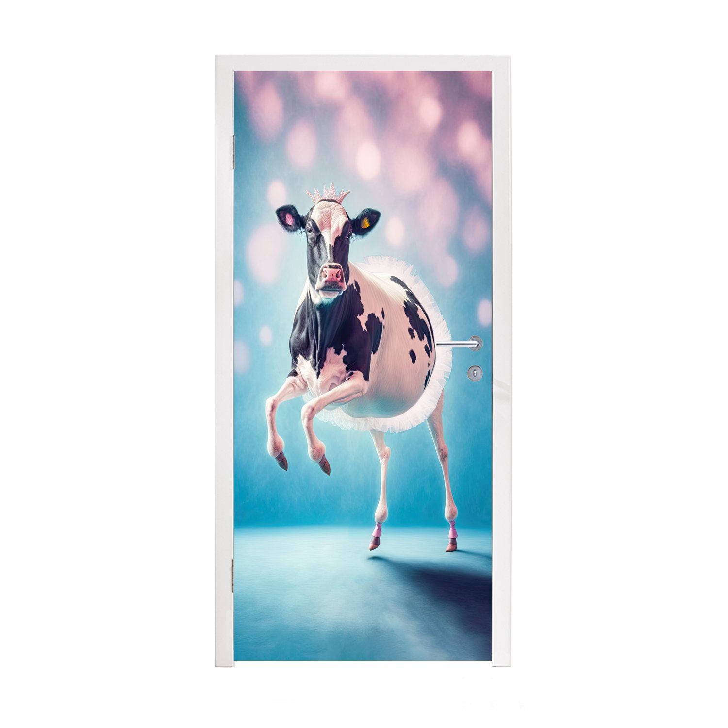 MuchoWow Türtapete Kuh - Krone - Ballett - Blau - Rosa - Kinder, Matt, bedruckt, (1 St), Fototapete für Tür, Türaufkleber, 75x205 cm