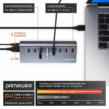 Primewire USB-Adapter 1× USB Typ A Stecker zu 8 x USB 3.2 Gen1 Buchse - davon 1x USB Ladeport smart Charge, 8 Port USB Port Hub, 5 Gbit/s Aktiv Verteiler mit Netzteil, Alugehäuse