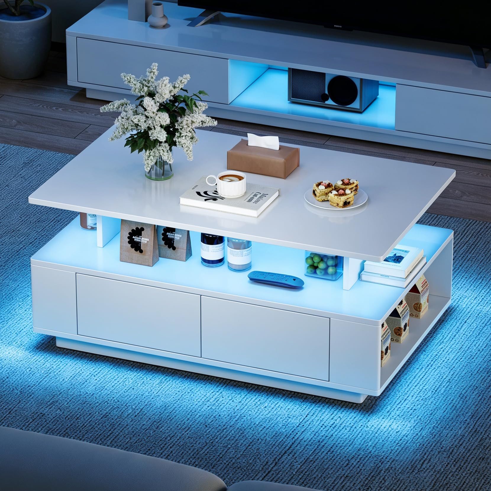 Dripex Couchtisch Couchtisch mit Stauraum Hochglanz Weiß 90x40x55 cm mit LED – Bild 2 von 5