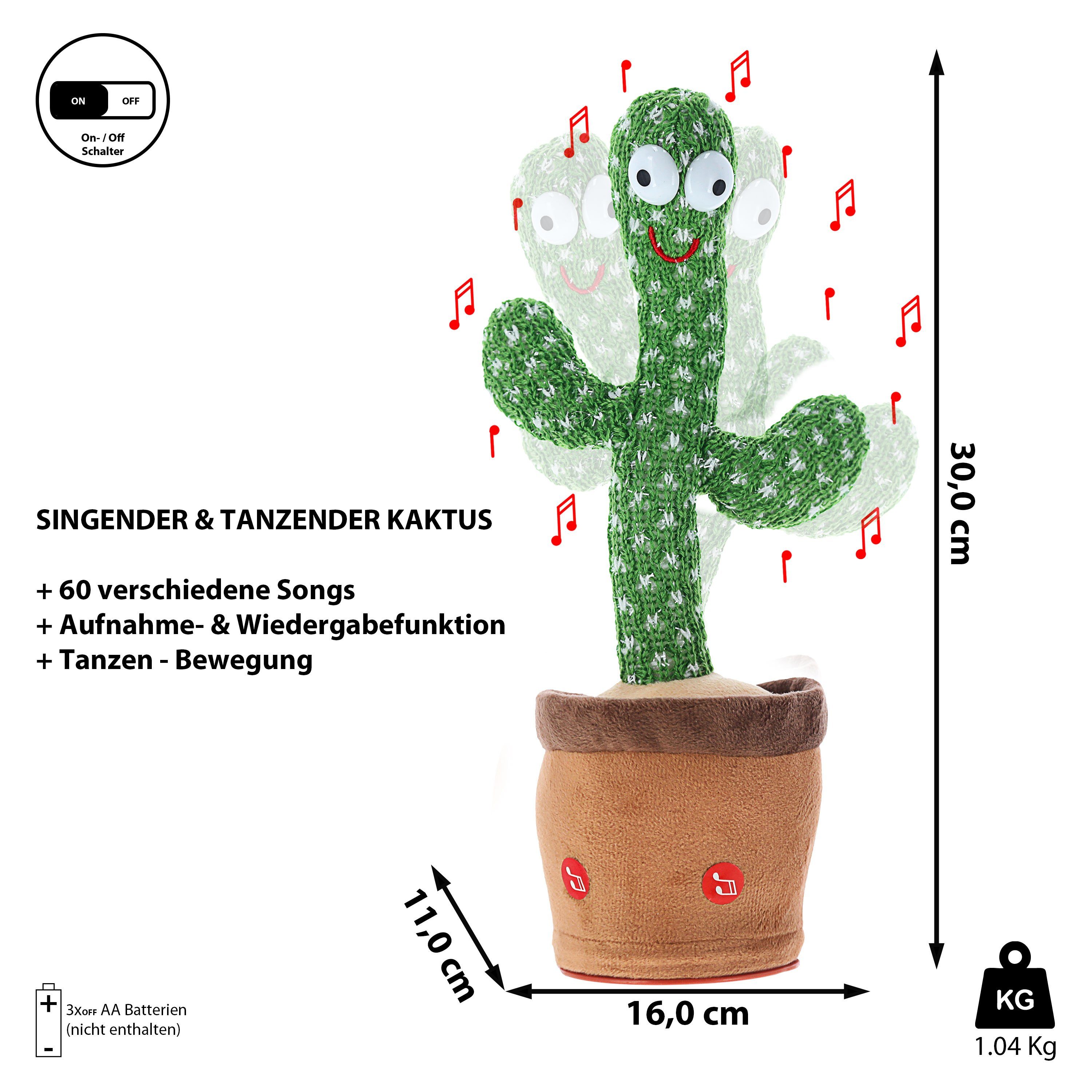 CEPEWA Greifspielzeug Kaktus singend tanzend 6x30cm Polyester 60 Songs  Lichteffekt Bewegung