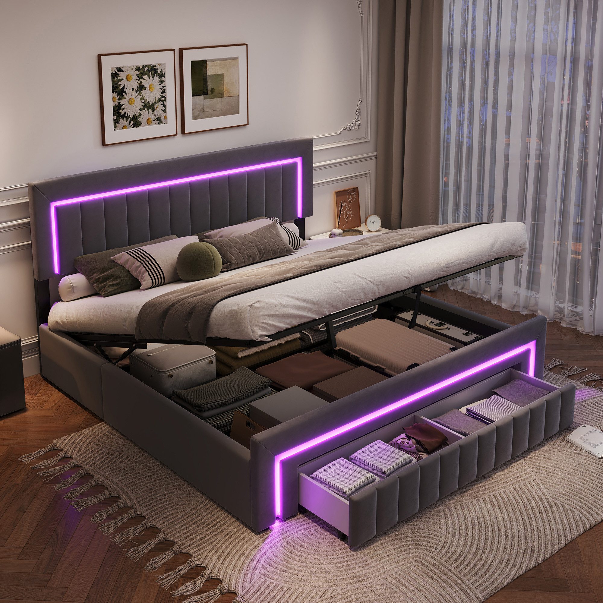 STILVORA Polsterbett 160×200 mit bettkasten,Funktionbett Boxspringbett mit LED & Schubladen (verstärkter Metallrahmen, stabiler Lattenrost, Gepolstertes Kopftei – Bild 2 von 5